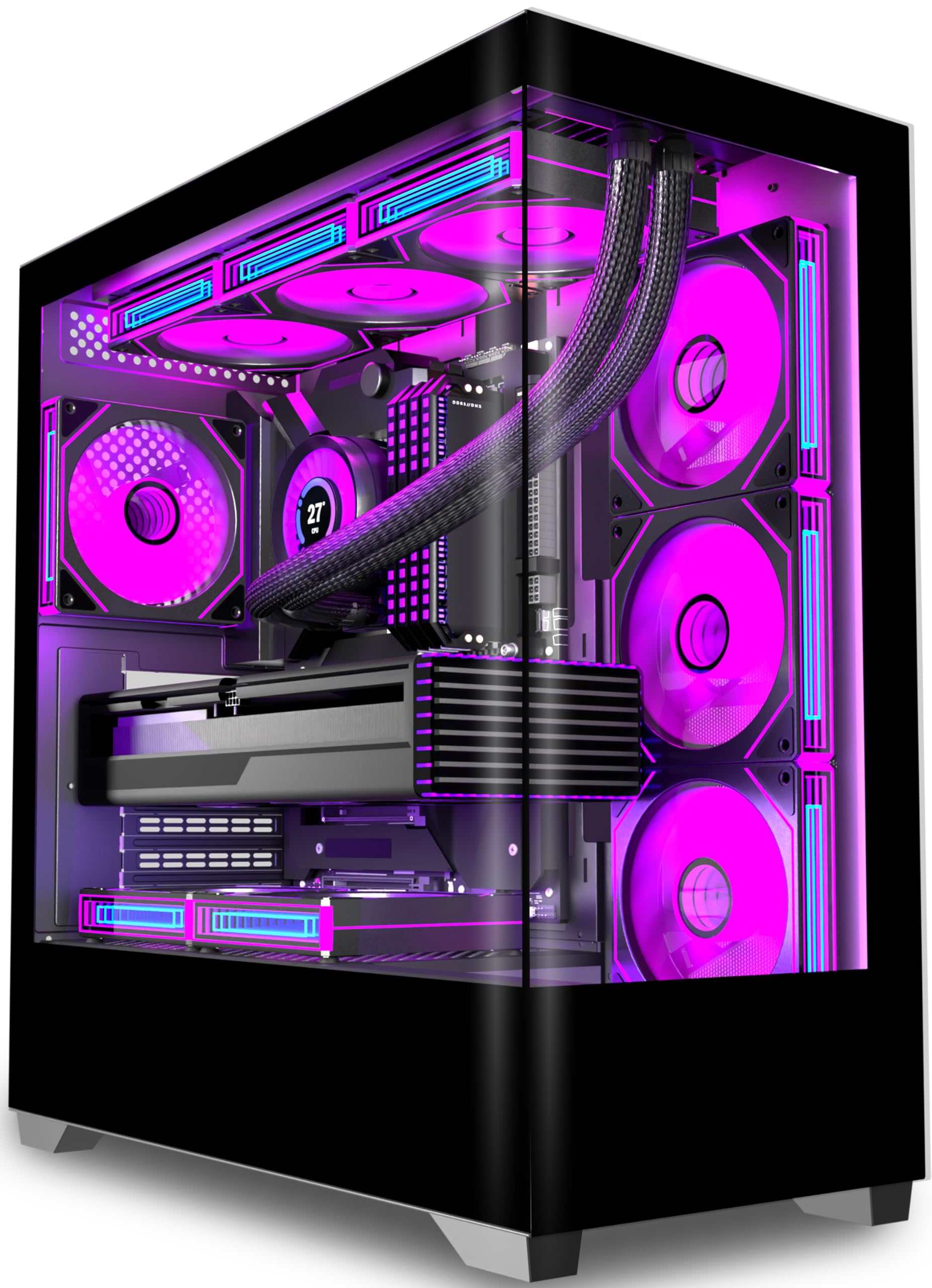 KEDIERS PC Gehäuse Vorinstallierter 7 × 120MM PWM ARGB Lüfter, ATX Mid Tower PC Gehäuse, Computergehäuse mit Panoramaaussicht Gehärtetes Glas Front Panel,Schwarz，P4 ARGB