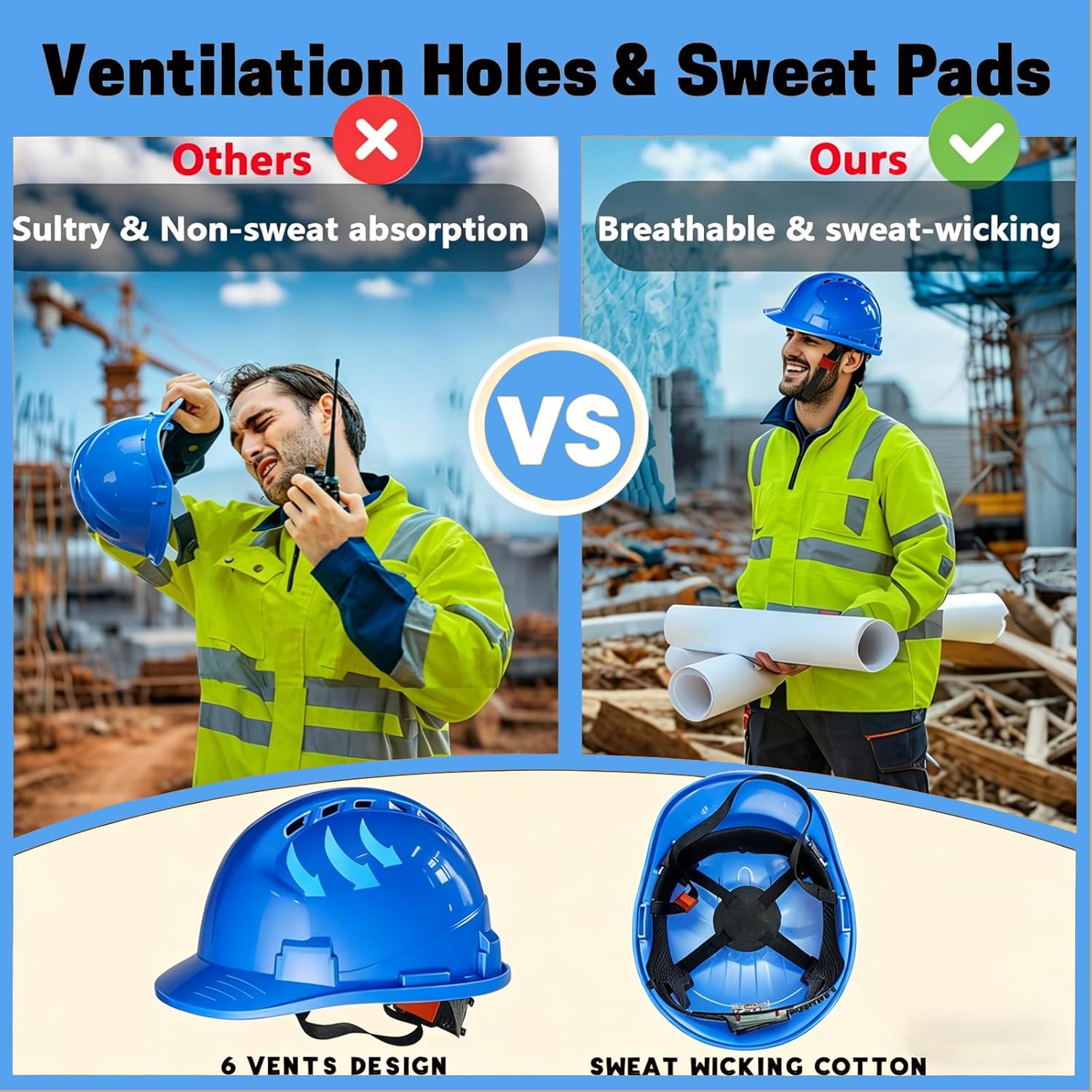 4 Pt. Suspension Hard Hat with Safety Vests Bulk Safety Helmets Adjustable Ratchet Hard Hats, Vents & Sweat Cotton Brow Pad - ABS Construction Helmets for Work Sites & Outdoor Labor