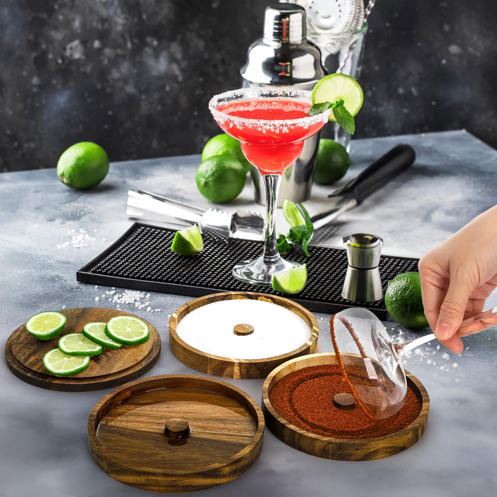 Margarita Salz-Rimmer-Set, Akazienholz-Glas-Rimmer mit Deckel, stapelbares Bar-Rimmer-Tablett, Gewürz-Zuckerbehälter für Cocktail, Hausbar, Barkeeper, Glas bis 14 cm Durchmesser, 3-teilig