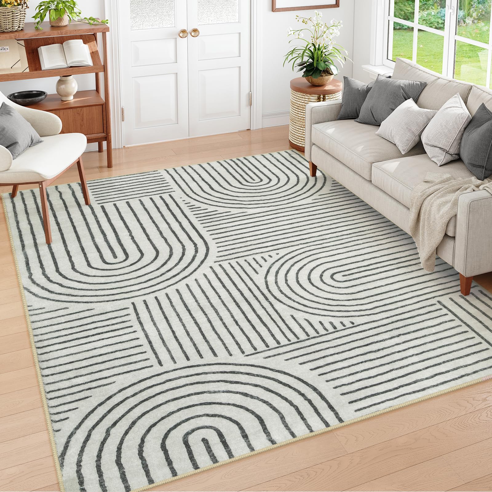 Lahome Abstract 9x12 Area Rugs for Living Room Bedroom, Soft Washable Rugs 9x12 Stain Resistant, Ultra-Thin Non-Slip Modern Dining Room Rug Non-Shedding Accent Carpet for Office, Grey/Beige