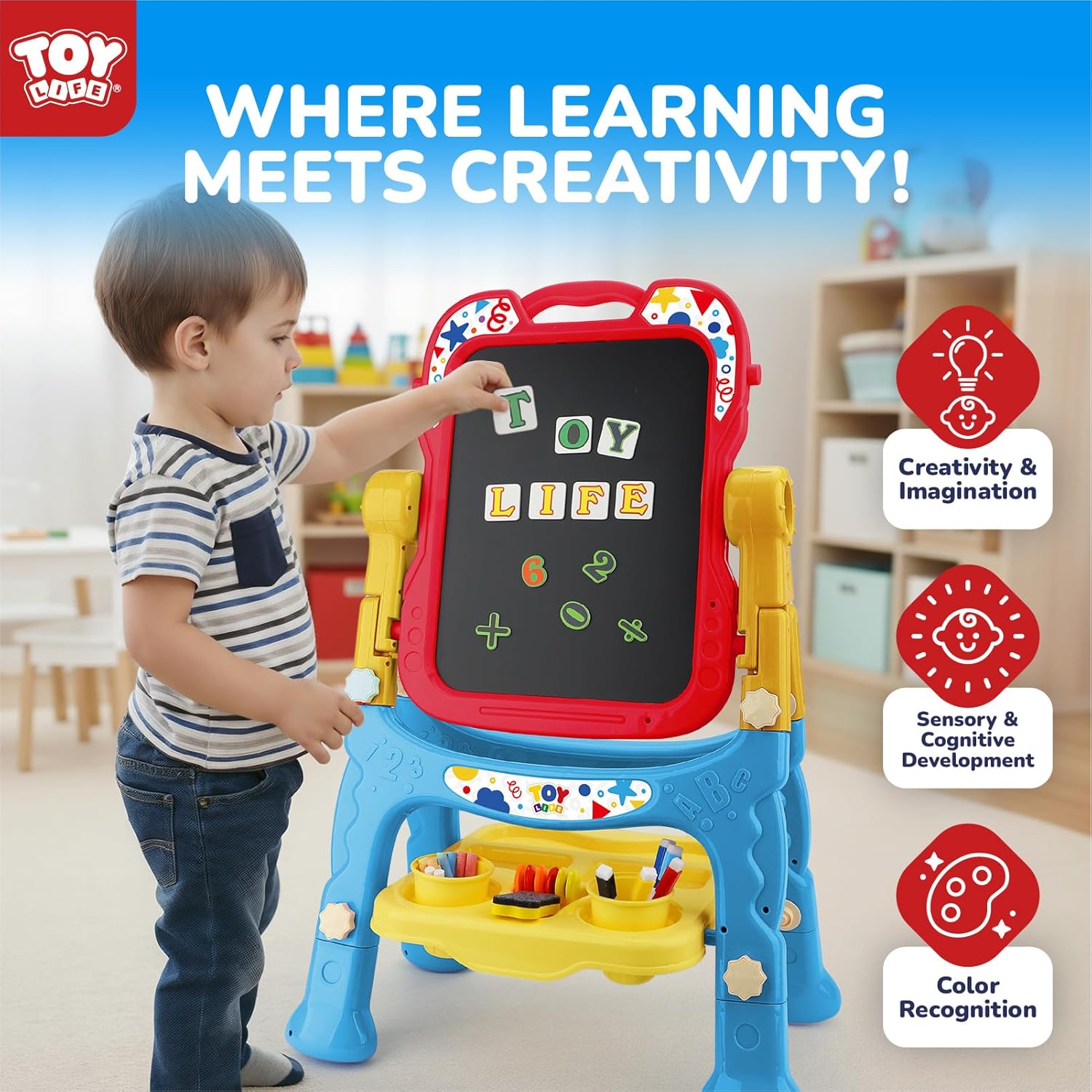 STEAM Life Large Art Easel for Kids, Double-Sided 4In1 Toddler Easel with Rotable Magnetic Chalkboard & White Drawing Board, Height Adjustable with Magnetic Letters & Numbers Gifts for Boys and Girls