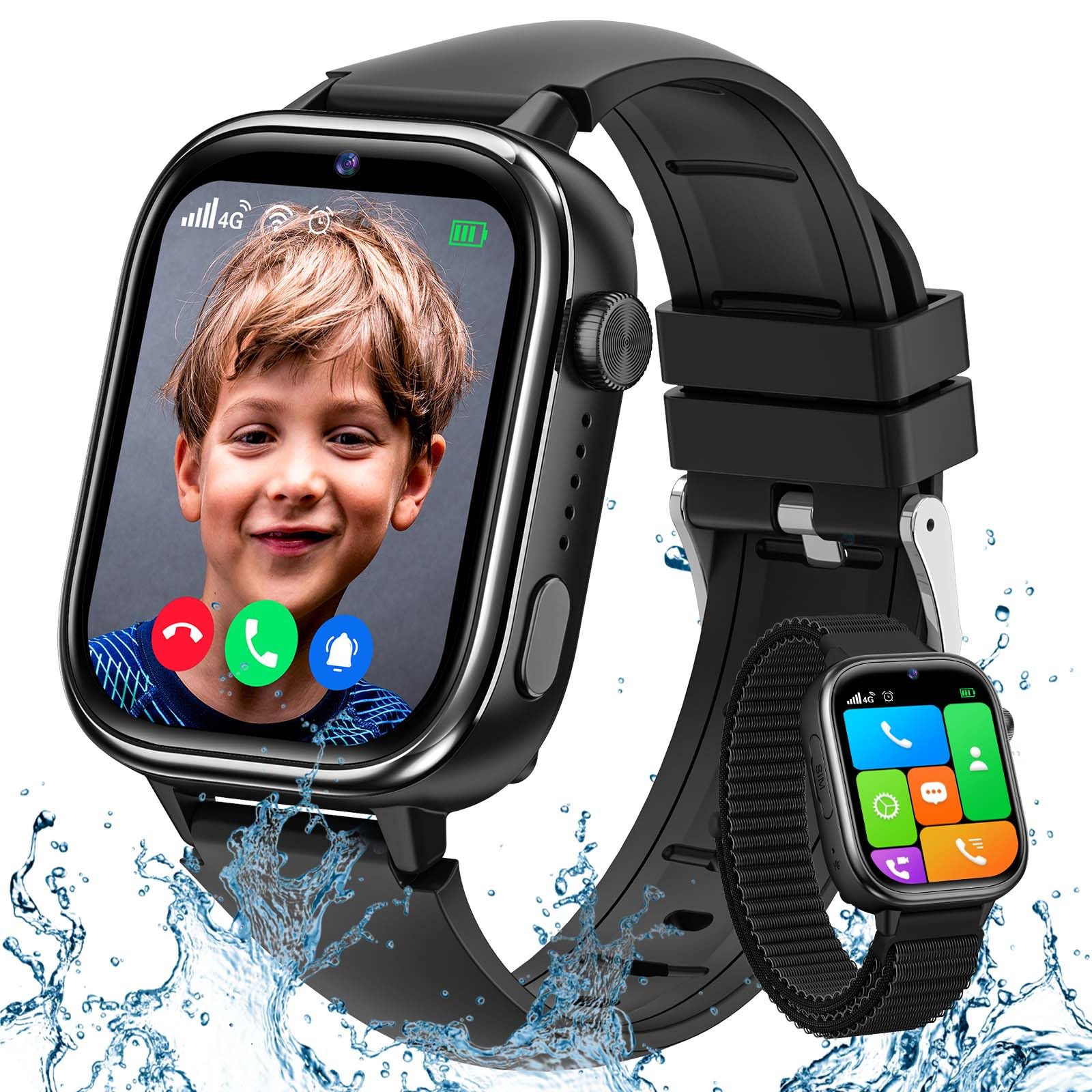 TotsyFun 4G Smartwatch Bambini, IP68 Impermeabile Smartwatch con GPS, SOS, Telefono, HD Videochiamata, Chat Vocale, Modalità Lezione, Sveglia, Sonno, Orologio Bambini per Ragazze e Ragazzi, Nero