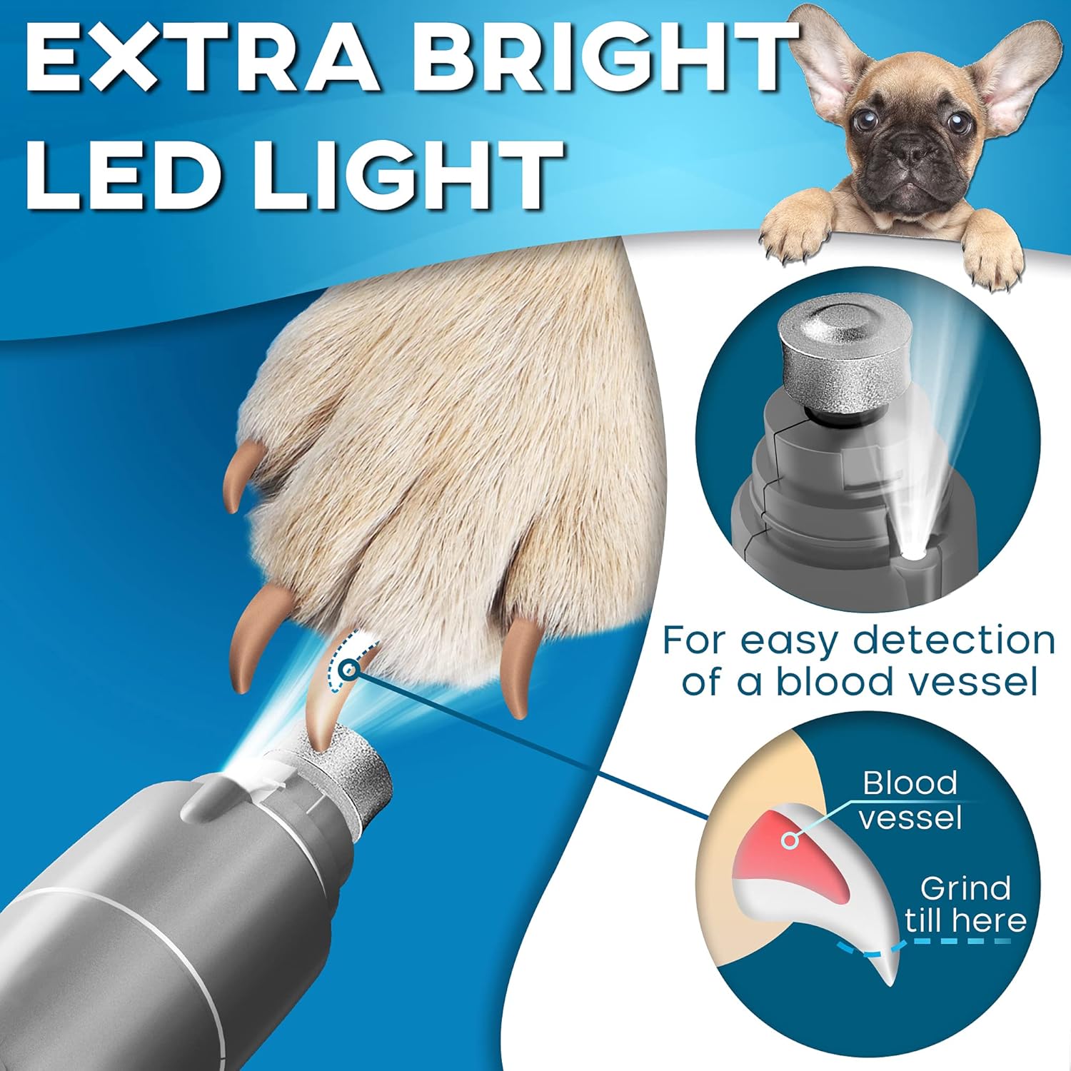 Dog Nail Grinder with LED Light, Rechargeable Dog Nail Grinder for Large Dogs, Medium & Small Dogs, Professional Pet Nail Grinder for Dogs Quiet Soft Puppy Grooming, Cat Nail Grinder, Dog Nail Trimmer