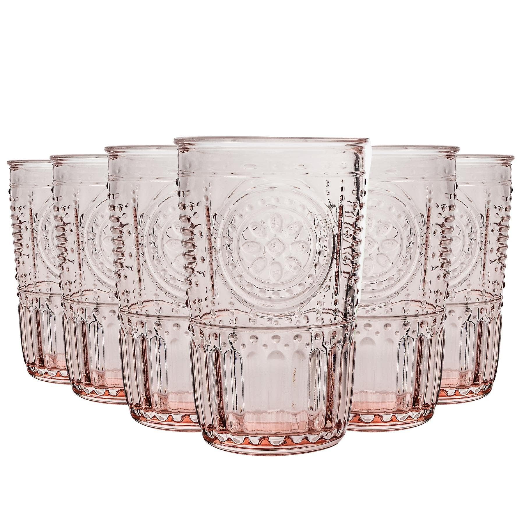 Bormioli Rocco Romantico Set Di 6 Bicchieri Tumbler, 12 Oz. Vetro Cristallo Colorato, Cotone Candy Rosa, Made In Italy.
