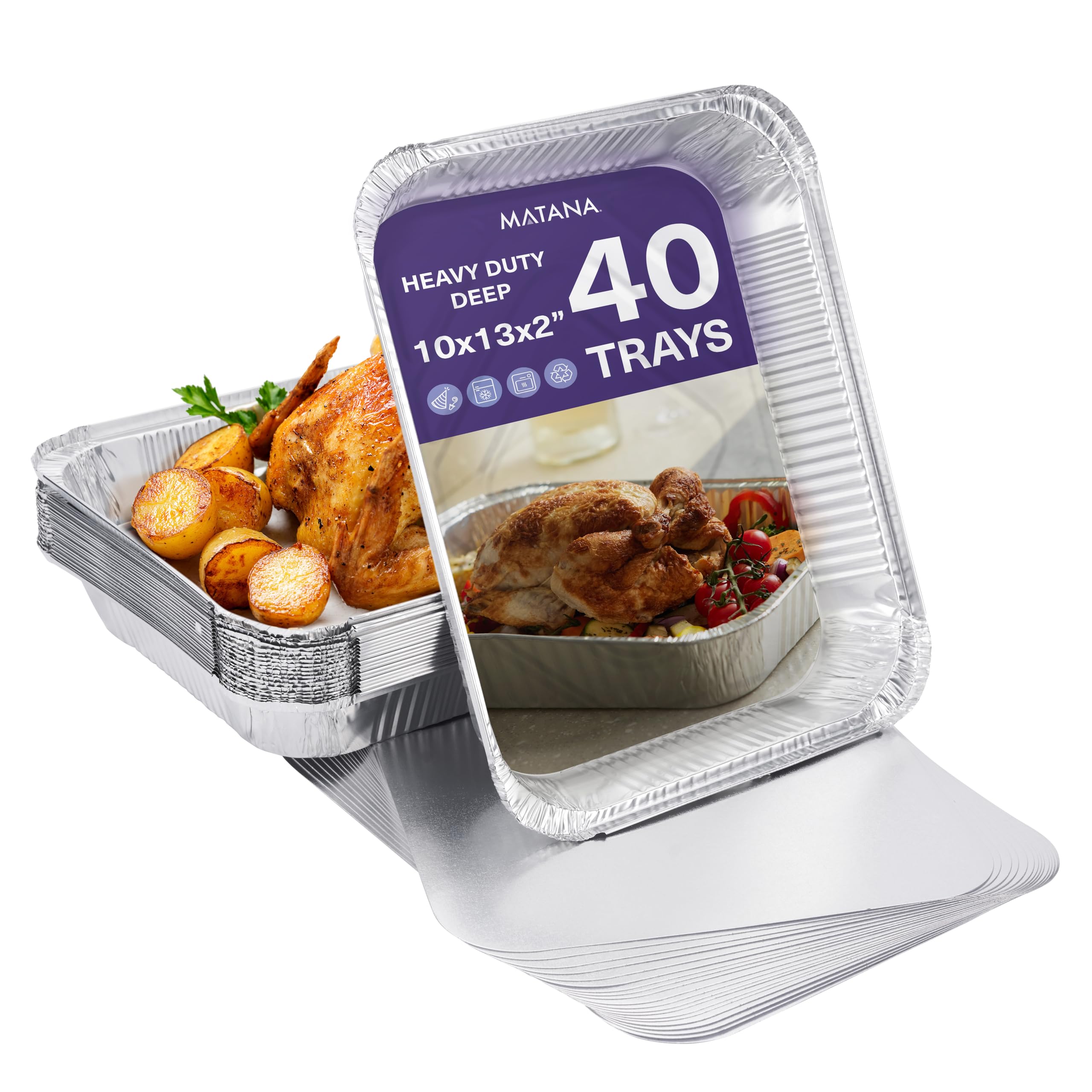 MATANA 40 Large Aluminium Foil Trays with Lids – 32×26 cm (2350 ml) | Heavy-Duty Roasting & Baking Pans – Sturdy, Disposable or Reusable Food Containers, Oven & Freezer Safe — image 1
