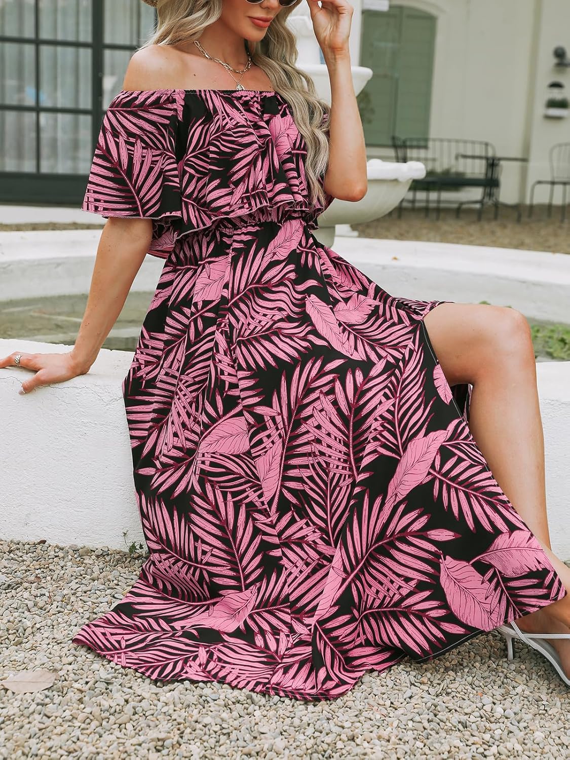 CUPSHE Women Ruffle Floral Maxi Summer Dress Off Shoulder Short Sleeve Backless Flounce Bodice Slit Hem Beach Dresses - Image 3