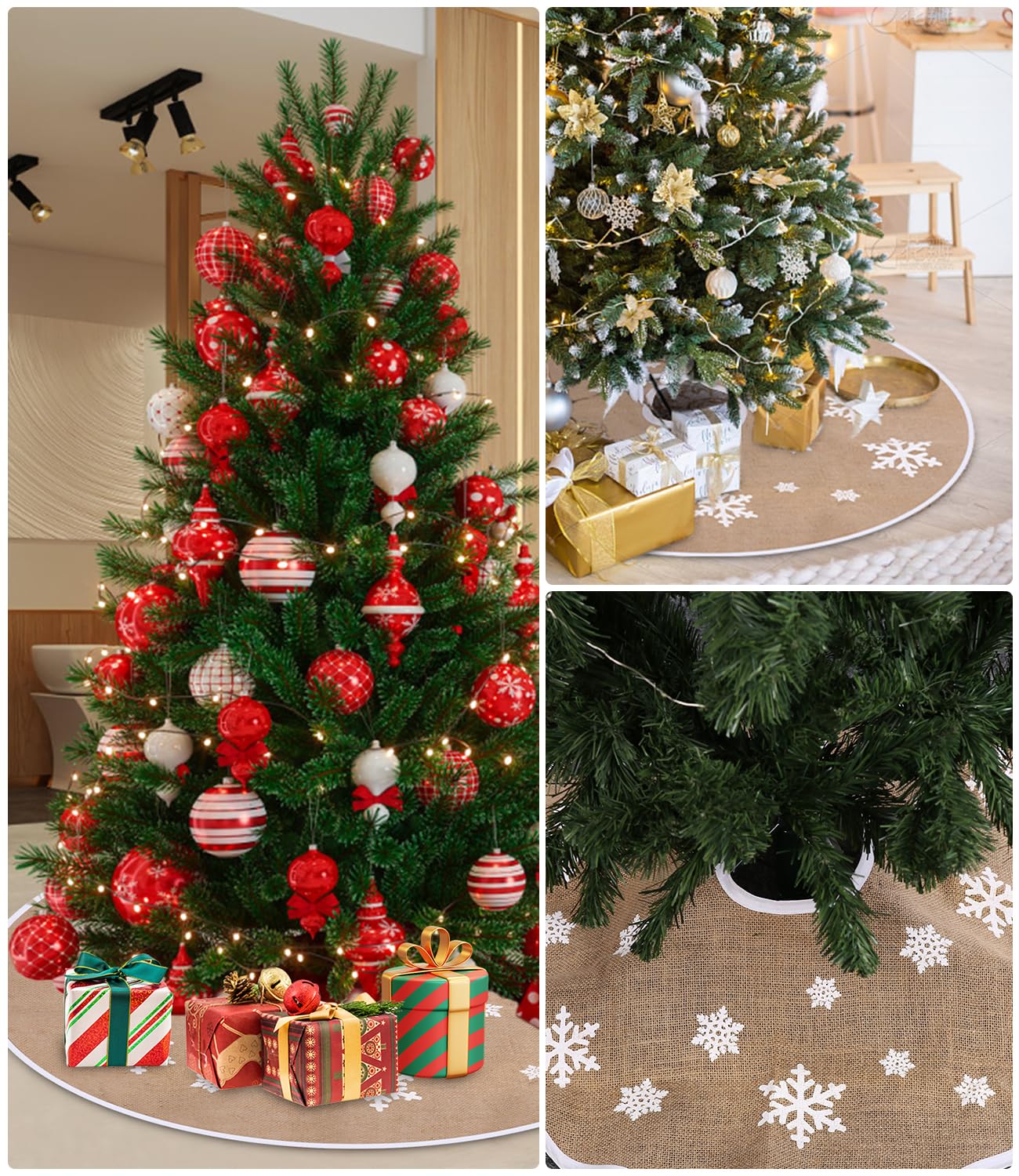 Jupe de Sapin de Noël Flocons de Neige Lin Kaki 80 cm