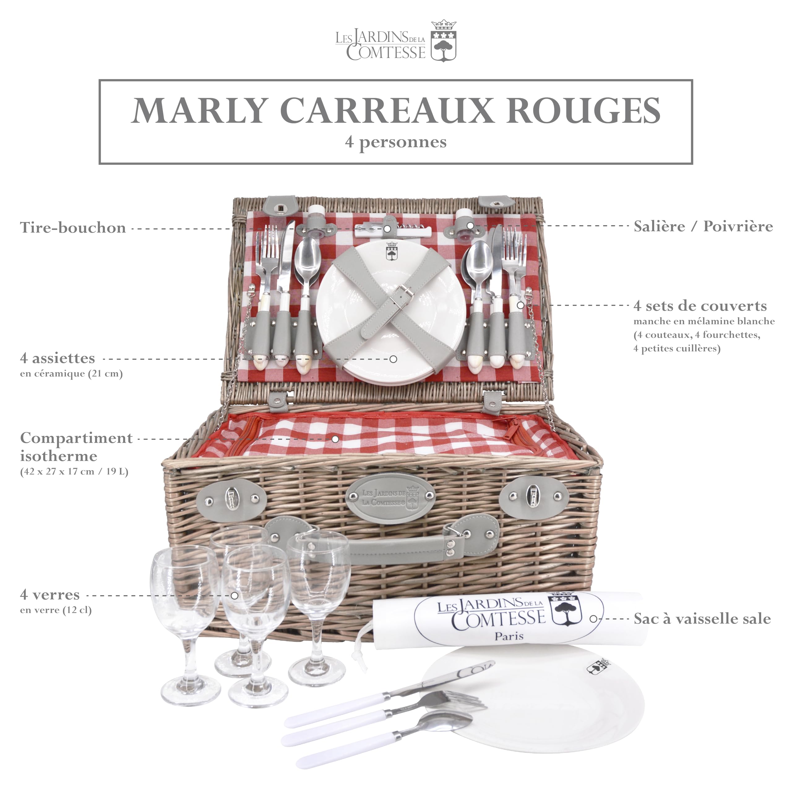 Les Jardins de la Comtesse - Panier Pique-Nique Marly - Complet/4 Personnes - Compartiment Glacière Isotherme - Assiettes en Céramique et Verres à Vin en Verre - Tissu à Carreaux - 46 x 31 x 20 cm