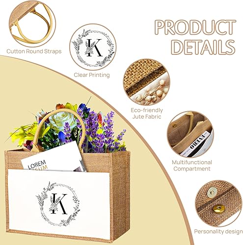 Miniatura 3 de JUSTOTRY Bolsa de mano con inicial, yute natural, grande, 13 onzas, personalizada, bolsa de lona con monograma, regalo para mujer