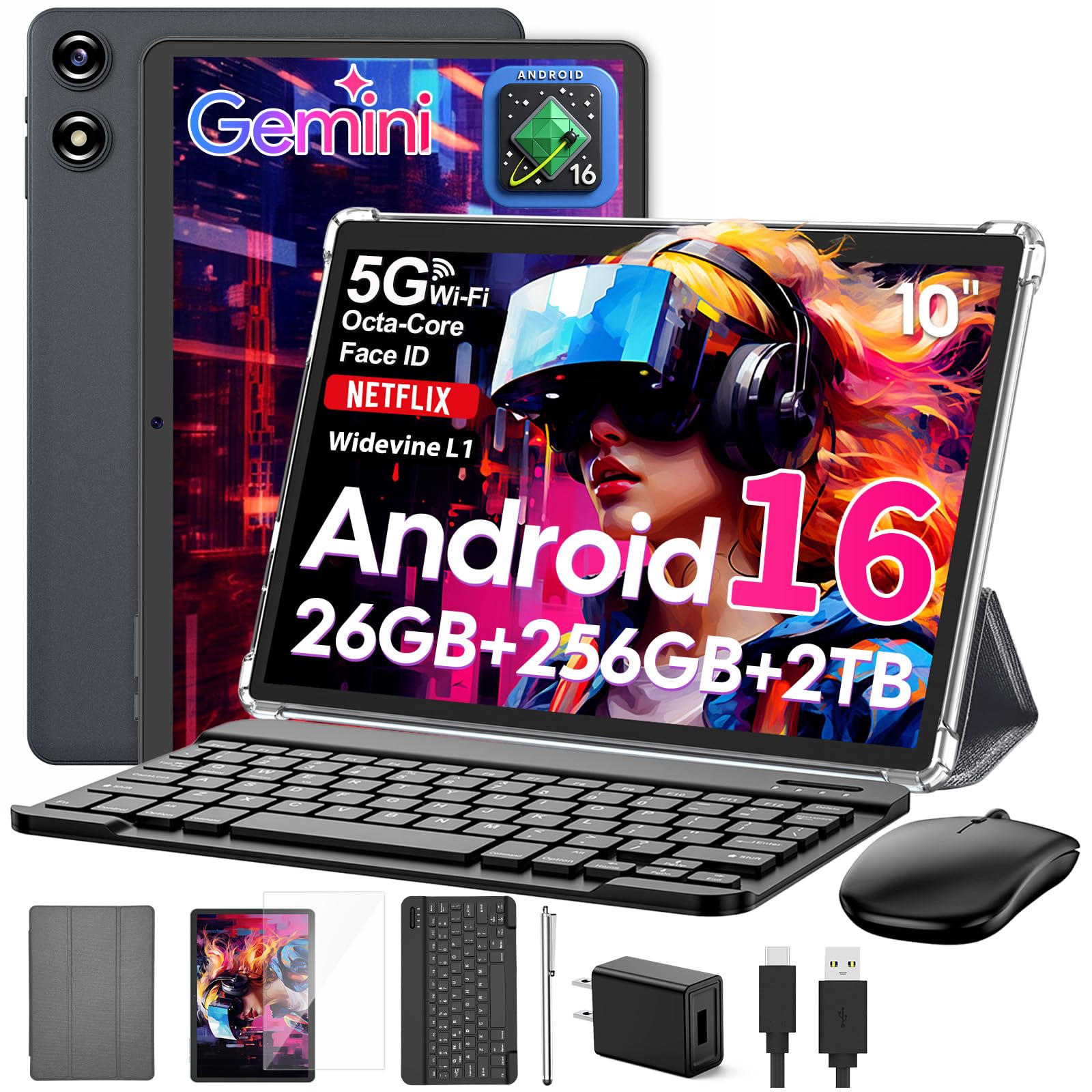 Android 16 tablet 10 inch, Android Tablet with Keyboard, 26GB+256GB+2TB Expand, Electronic Tablet PC with Gemini, 8-Core, 8000mAh, 5G WiFi, GPS, GMS, 2 in 1 Tablet with Case/Mouse/Stylus(Silver Case)