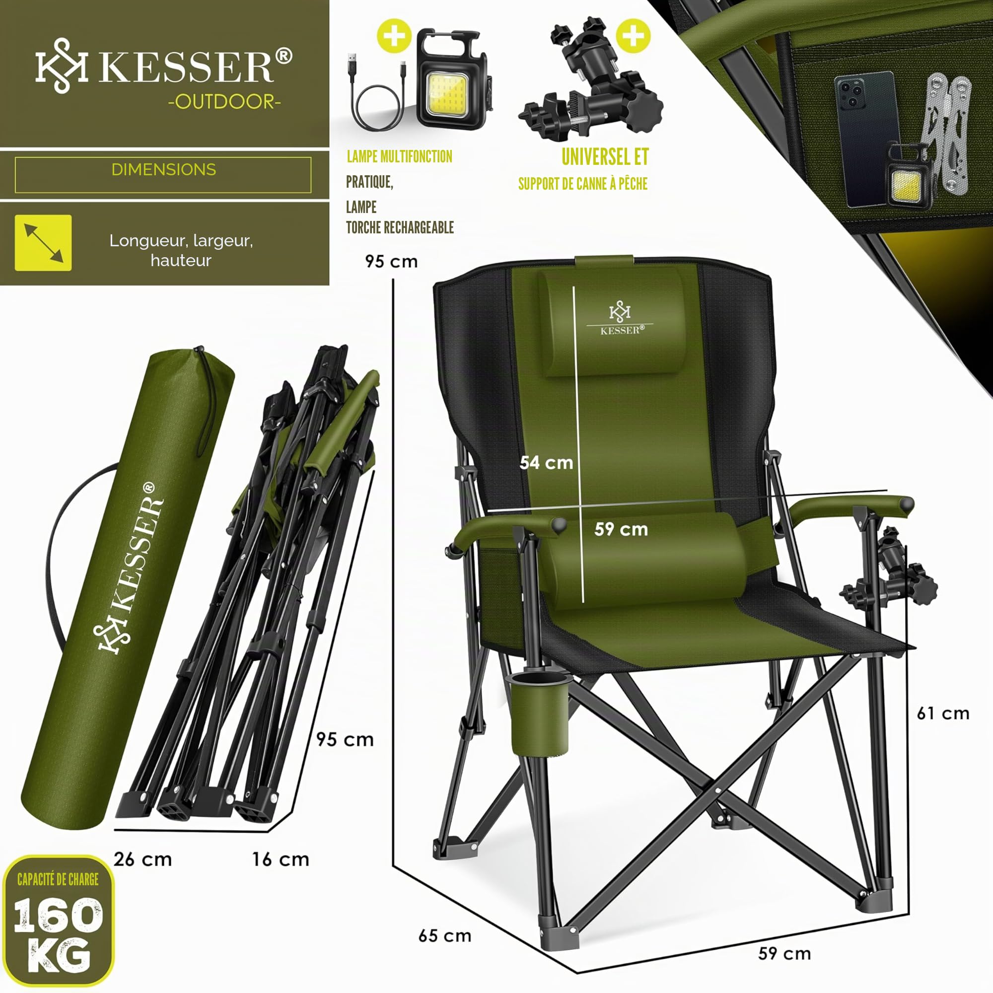 KESSER® Chaise de camping pliable jusqu'à 160 kg, Chaise de pêche pliante rembourrée avec accoudoirs, Lampe de camping et porte-gobelet + sac à dossier haut, Chaise de plage avec support de pêche