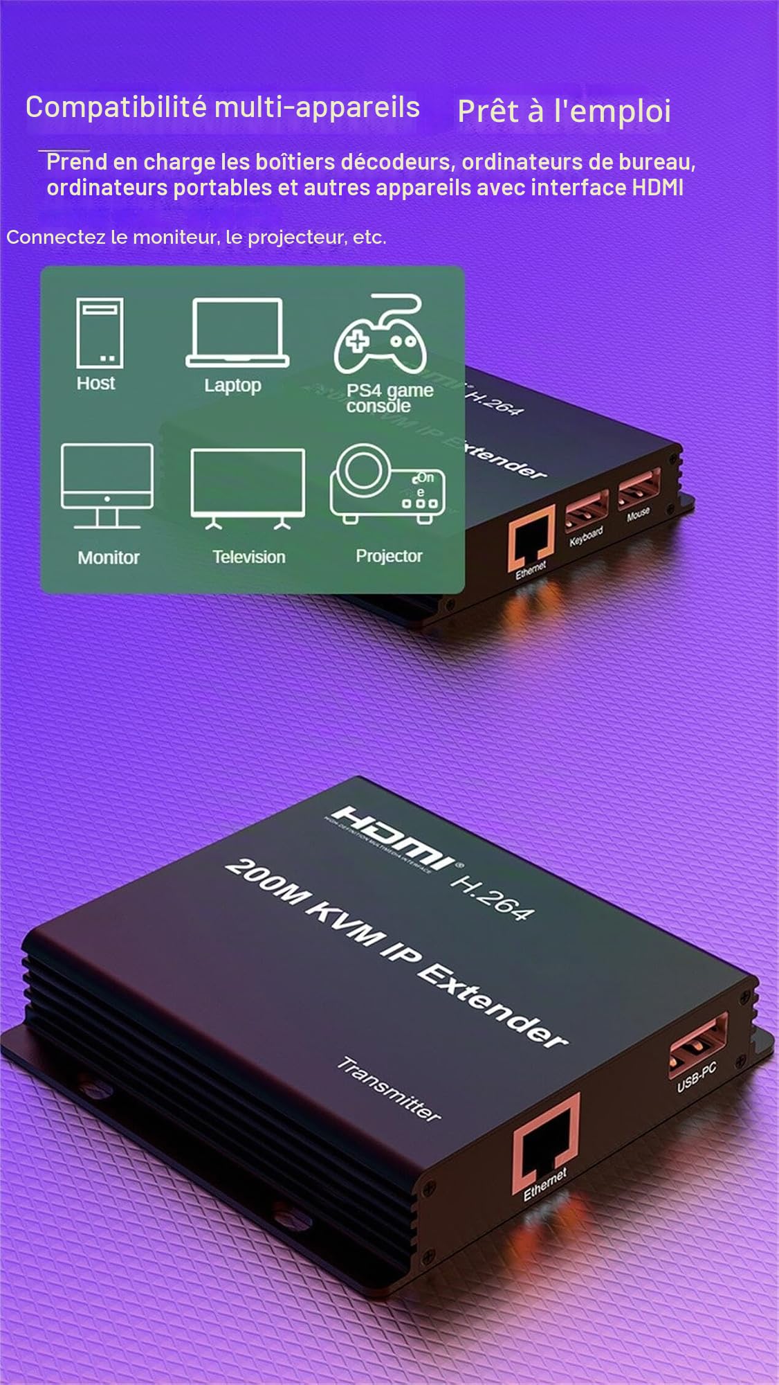 200M KVM IP extender, une paire de commutateurs Multi - Gigabit via RJ45 cat5e/6 1080p HDMI USB KVM Ethernet extender pour PC DVR loptop support souris clavier support fonction d'écran tactile (TX+RX)