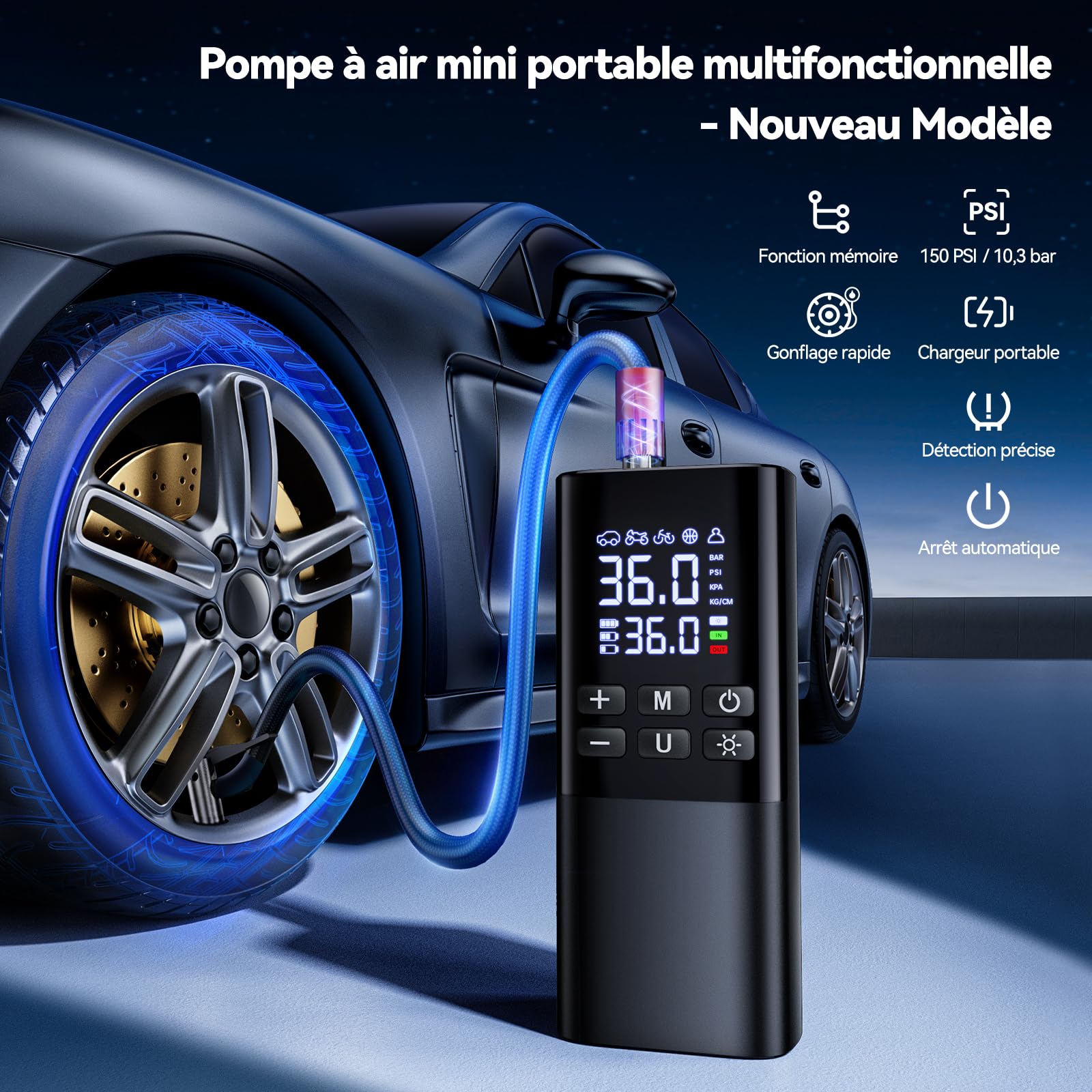 150PSI Mini Compresseur à Air Portatif, 7200mAh Gonfleur Pneus Voiture sans Fil, Gonfleur Electrique pour Vélo, Voiture,Moto, Balles, avec Lumière LED, Inflation Rapide, Arrêt Automatique
