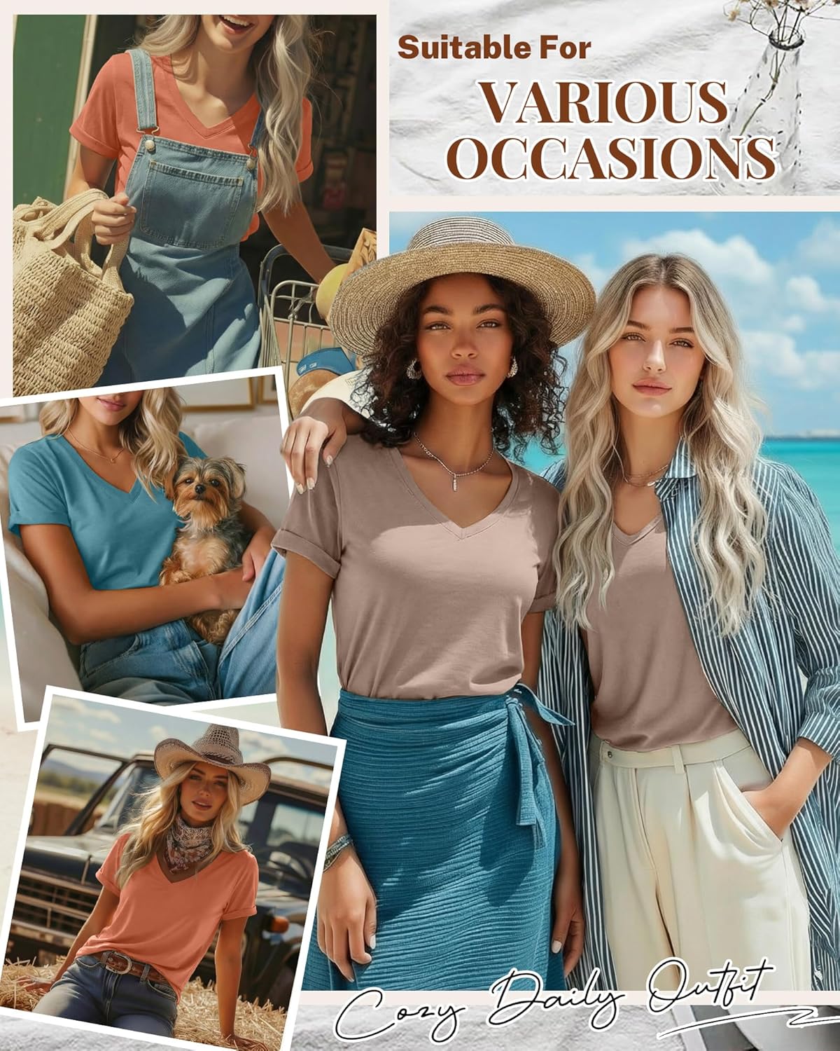 Ficerd 3 Pack Women's V Neck T Shirts, Summer Casual Short Sleeve Tops Loose Fit Rolled Sleeve Tees Trendy Shirts - Image 4