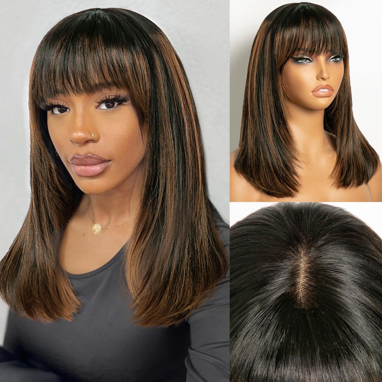 Amazon.com : Starmo 14 Inch Brown Highlights Bob Wig with Bangs Human ...