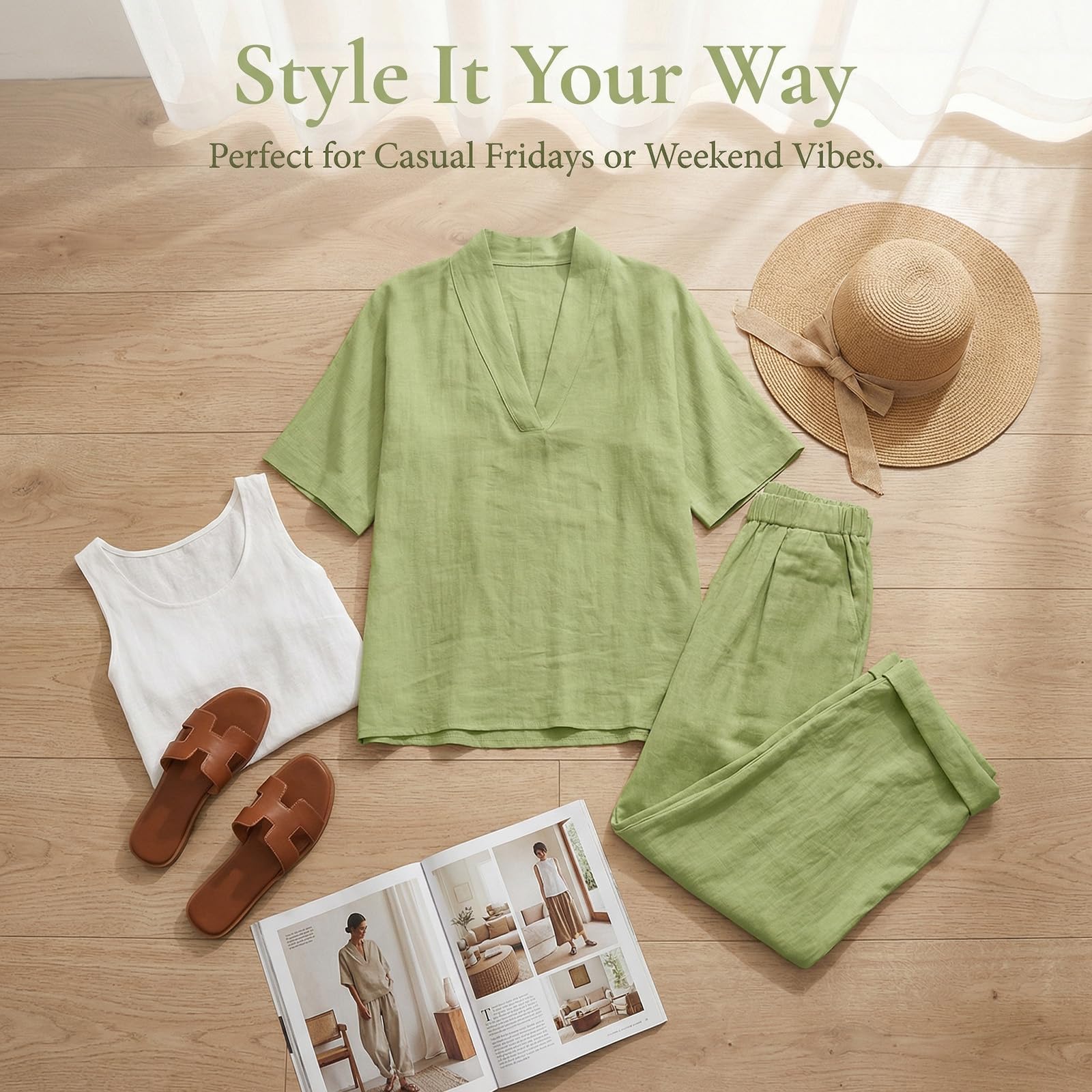 Completo Lino Donna Estate 2 Pezzi - Set Top Scollo a V e Pantaloni Gamba Larga Tuta Estiva Leggera e Traspirante Outfit ampia Boho Chic Casual confortevole per Vacanze