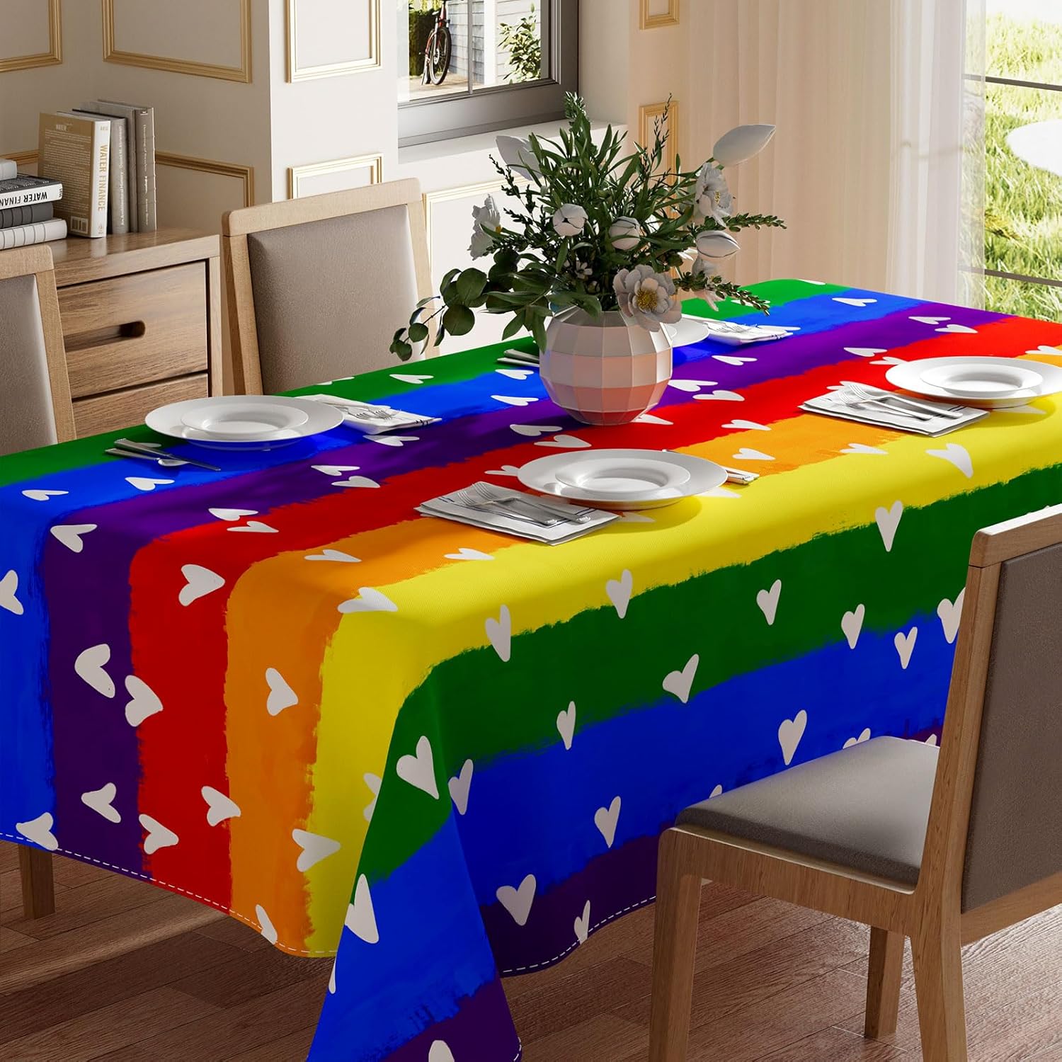 XCHI Watercolor Rainbow Love Heart LGBTQ Tablecloth Square Pride Day Inclusion Lesbian Gay Bisexual Transgender Queer Homosexual Equality for Indoor Outdoor Home Party Decorations 60x60 Inch 60" x 60" (Square)