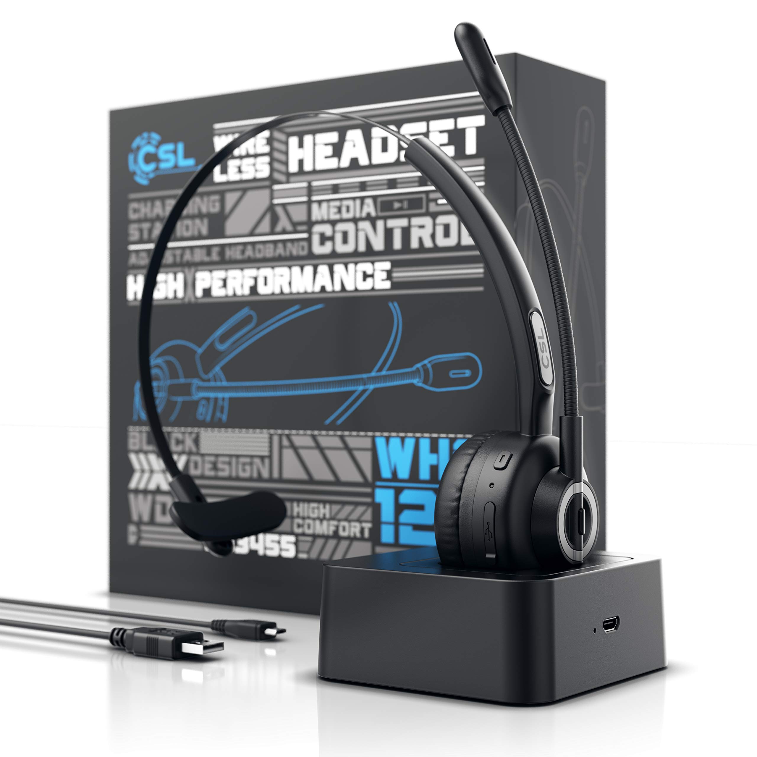 CSL - Cuffie Bluetooth e Stazione di Carica - Cuffie per Receptionist telefonia skype - Cuffie con Microfono Wireless Noise Reduction - Multipoint 2 collegamenti - Call Center - PC Tablet Smartphone
