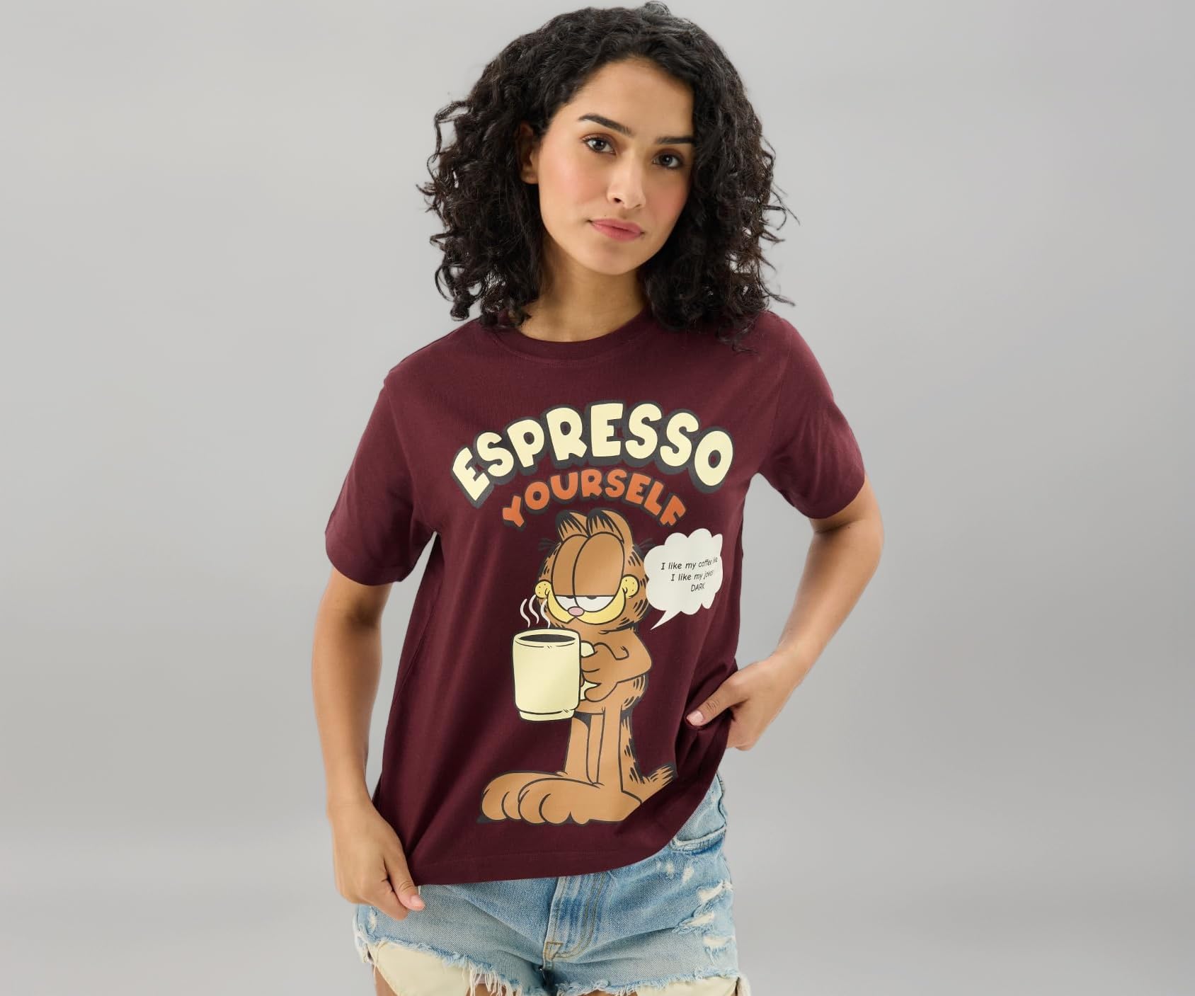 Official Garfield: Espresso Women and Girls Short Sleeves Round Neck Maroon Graphic Printed Regular Fit Cotton T-Shirts