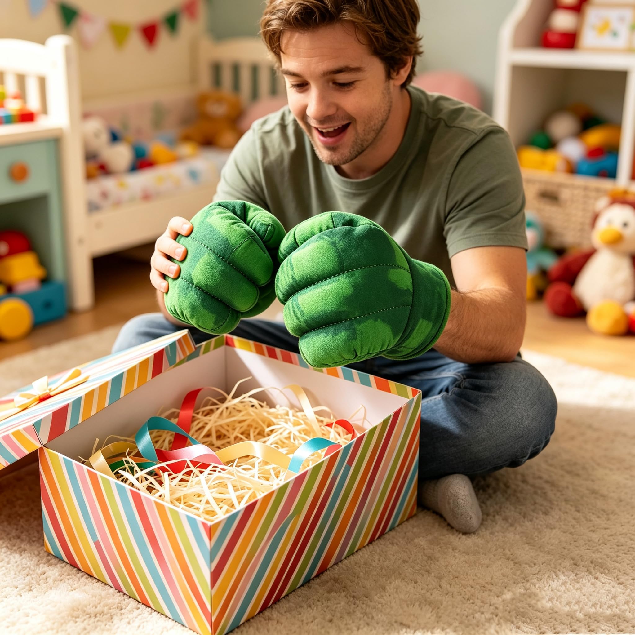 Guantes de Boxeo para Niños,Gigantes Peluche Suave Guantes con Mango Incorporado Tamaño Universal para Niños y Adultos,Cosplay Disfraz Guantes Regalo para Cumpleaños Navidad Halloween (1 Par Verde)
