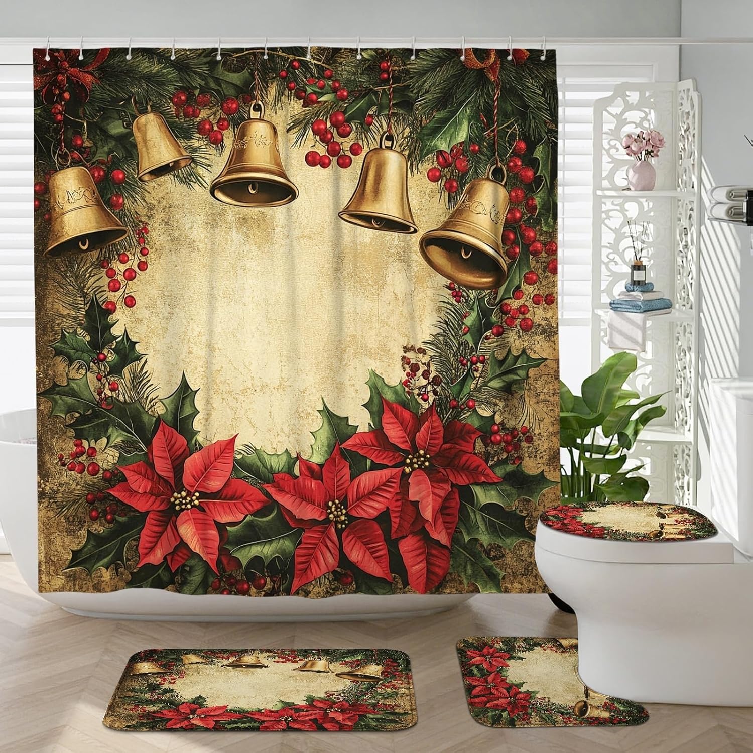 4PCS Christmas Bells Poinsettia Bathroom Sets, Bath with Non-Slip Rug, U Shape Toilet Lid Cover Mat, Vintage Happy Xmas Cool Bathroom Decor-72''x72''