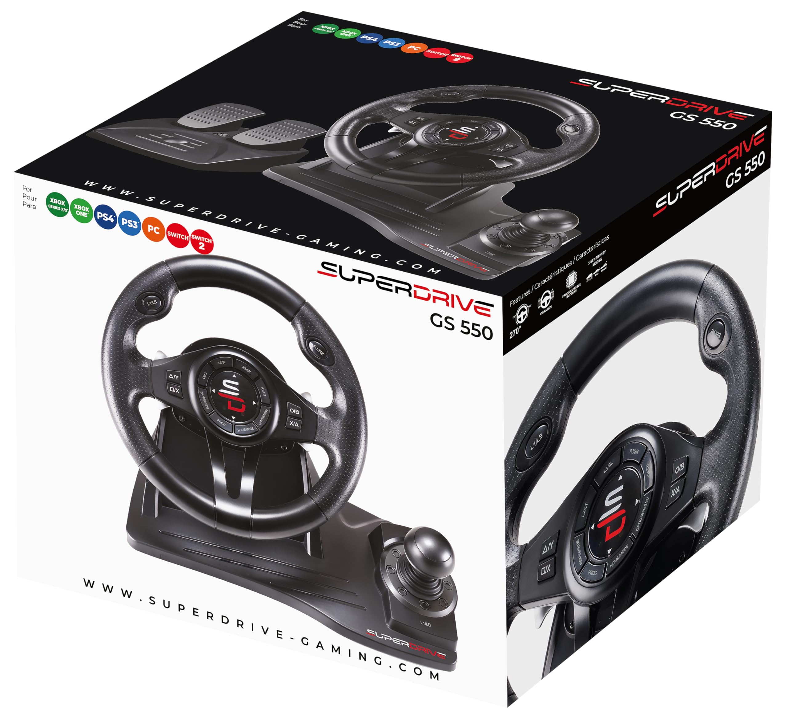 Subsonic - Volant Superdrive GS550 pour PS4 et Xbox Series - Noir | Volant de Course avec Pédales et Levier de Vitesse - Vibrations - 3 modes de sensibilité - Diamètre 25 cm, Rotation 270°