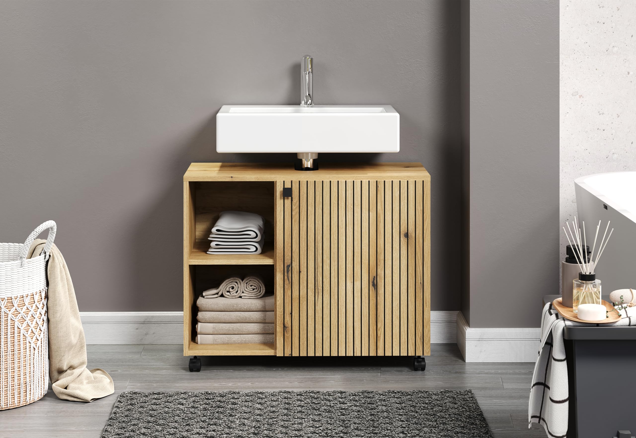 trendteam Smart Living - Mueble bajo Lavabo con Ruedas - Baño - PureBliss - Dimensiones de Montaje (Ancho x Alto x Profundidad) 80 x 64 x 42 cm - Color Roble Evoke con Ranuras Negras - 233730142