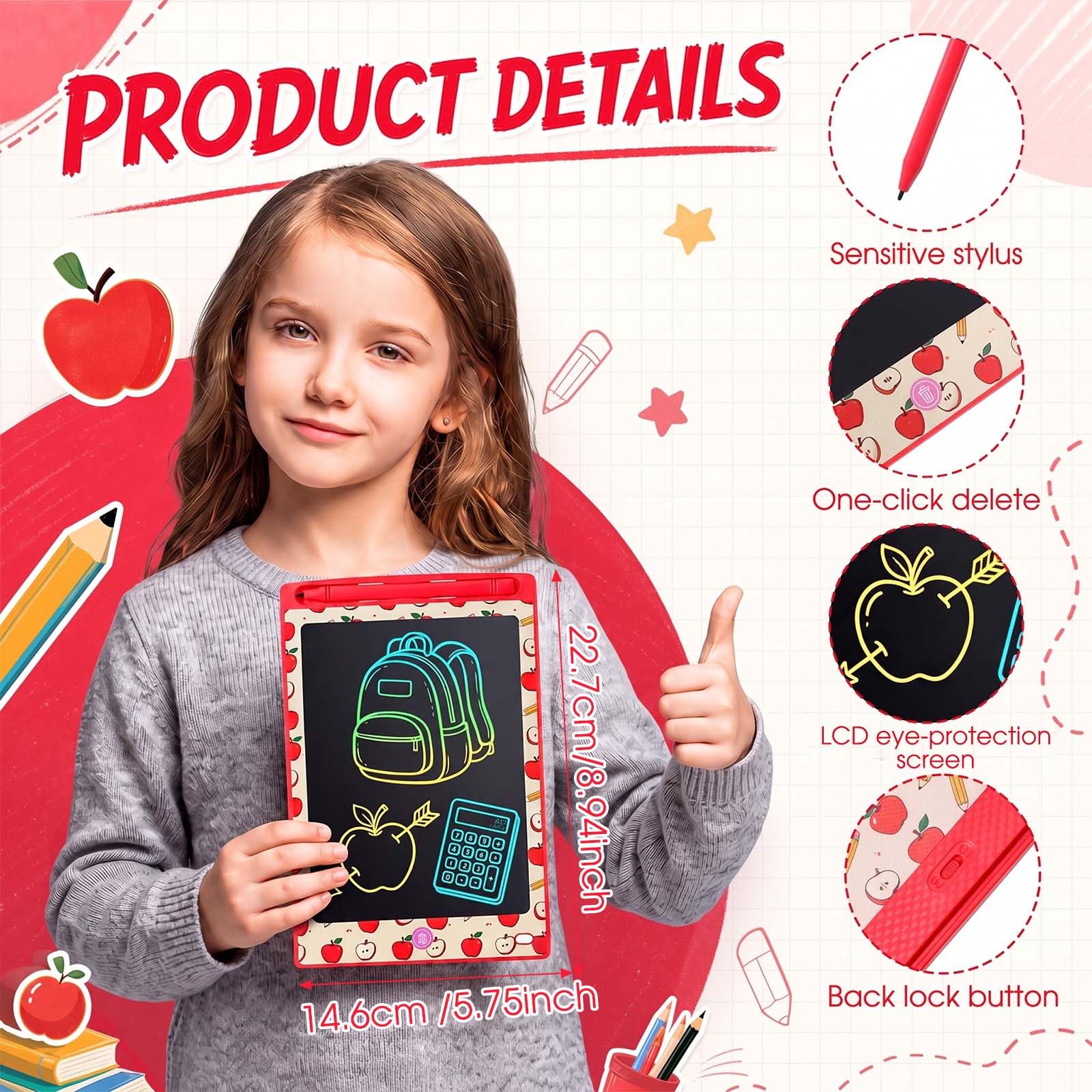 Zonon LCD-Schreibtablett für Kinder, 21,6 cm, wiederverwendbar, Doodle Board, löschbare Zeichenblöcke mit Apfel- und Bleistift-Muster, pädagogische Geschenke für Partygeschenke, 12 Stück