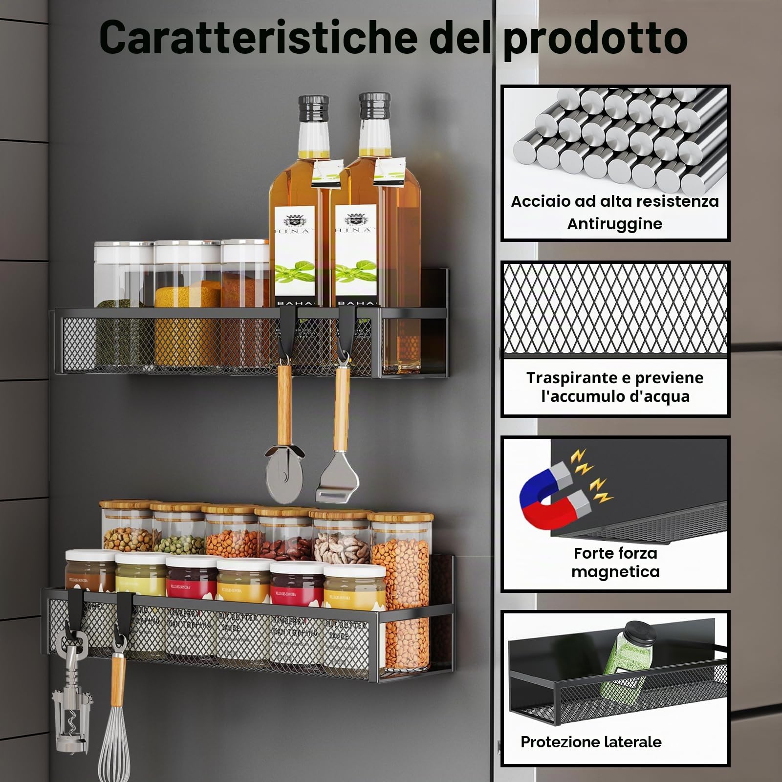 Aufworld Portaspezie Magnetico per Frigorifero, Pack 6 Scaffale con 12 Ganci Mobili per Organizzazione della Cucina