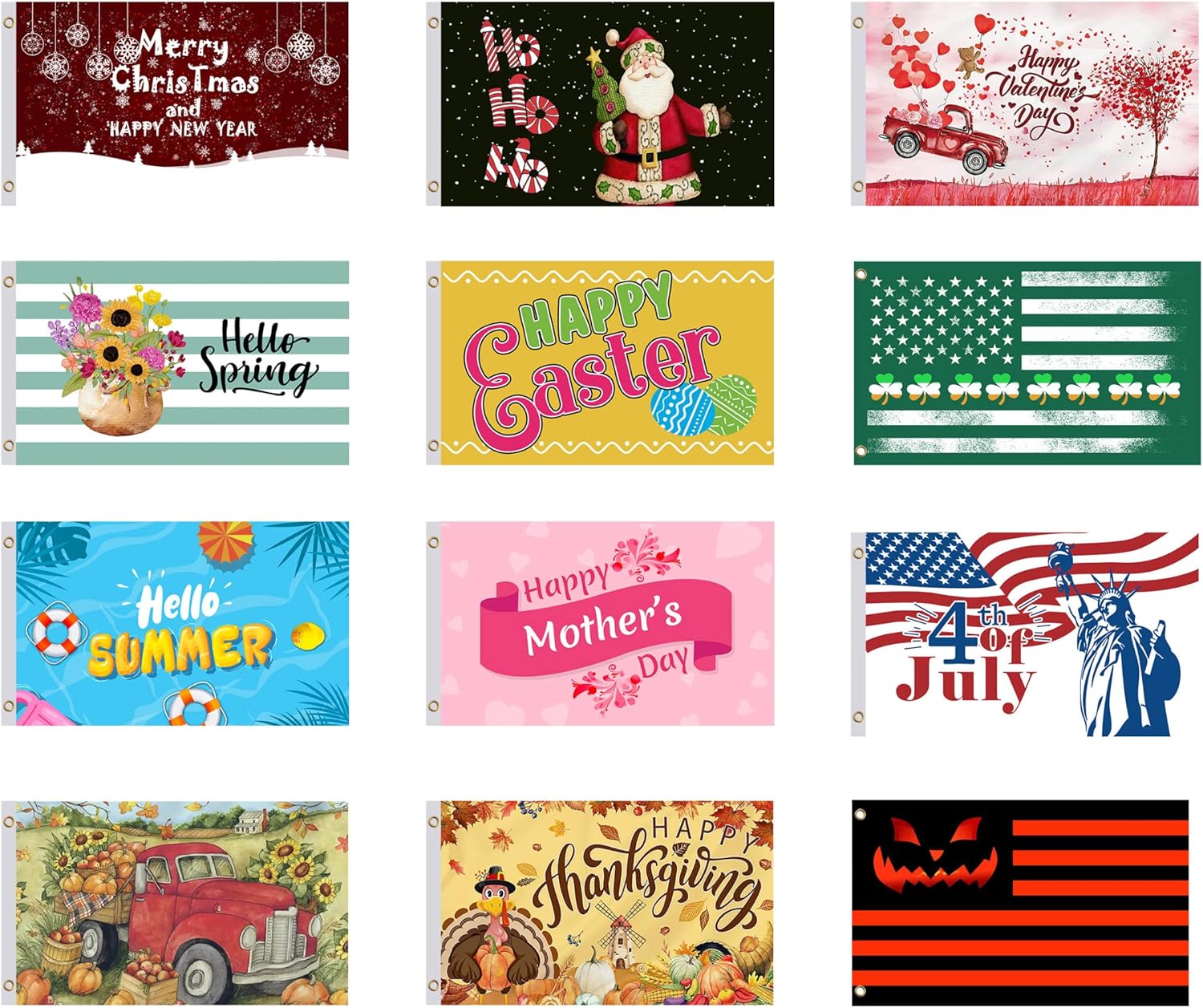 Set 12X Seasonal Flags 3x5 Feet - Spring Summer Fall Winter Halloween Christmas Polyester/Nylon Flag with 2 Grommets - Single Sided Flags for All Seasons - Season Decor House and Garden Large Banner