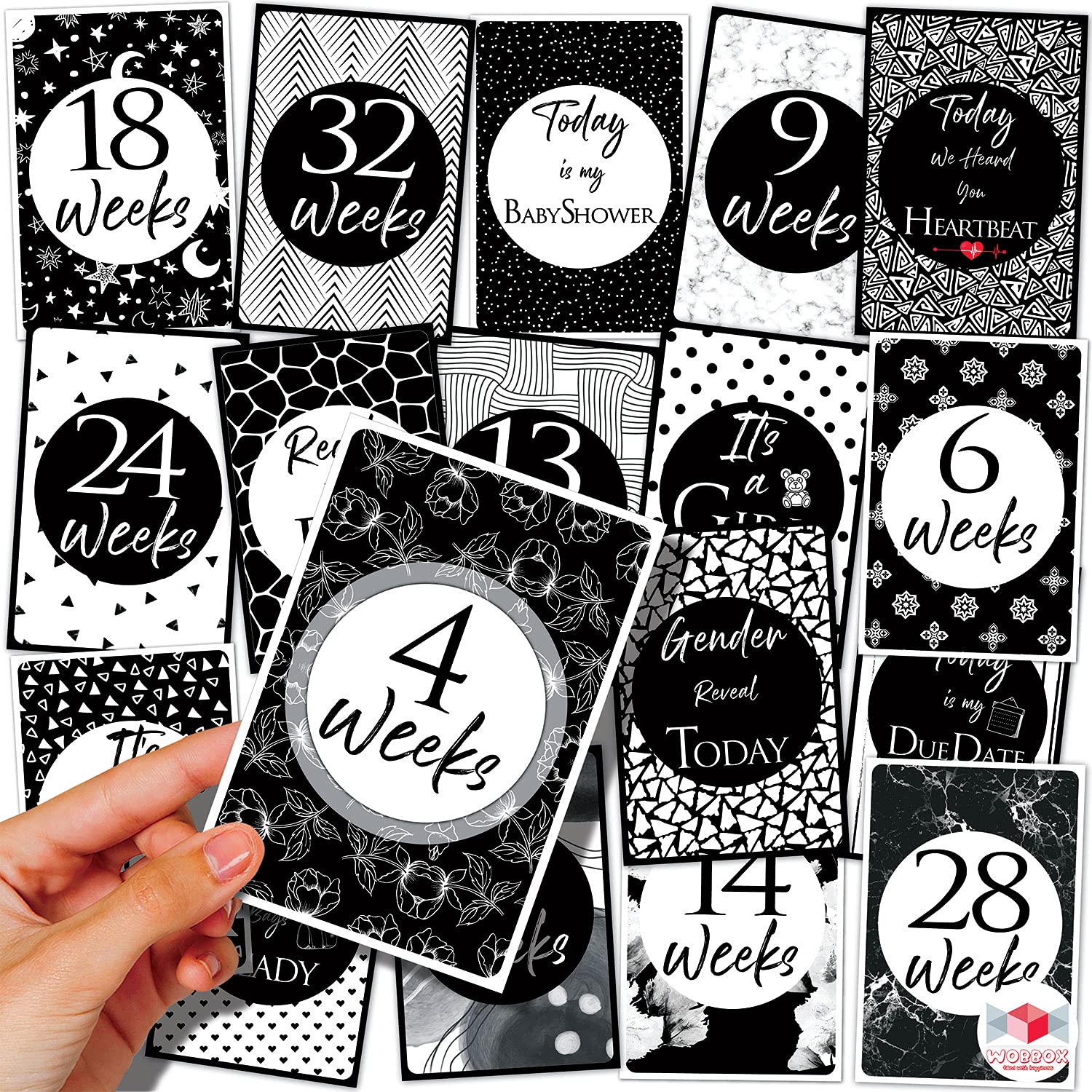 Wobbox Pregnancy Milestone Cards, Black & White, Pregnancy Journey, Weeks Growth Milestone Cards, Pregnancy Gift Scrapbook Photo Keepsake - Set of 27 Pieces-image-37