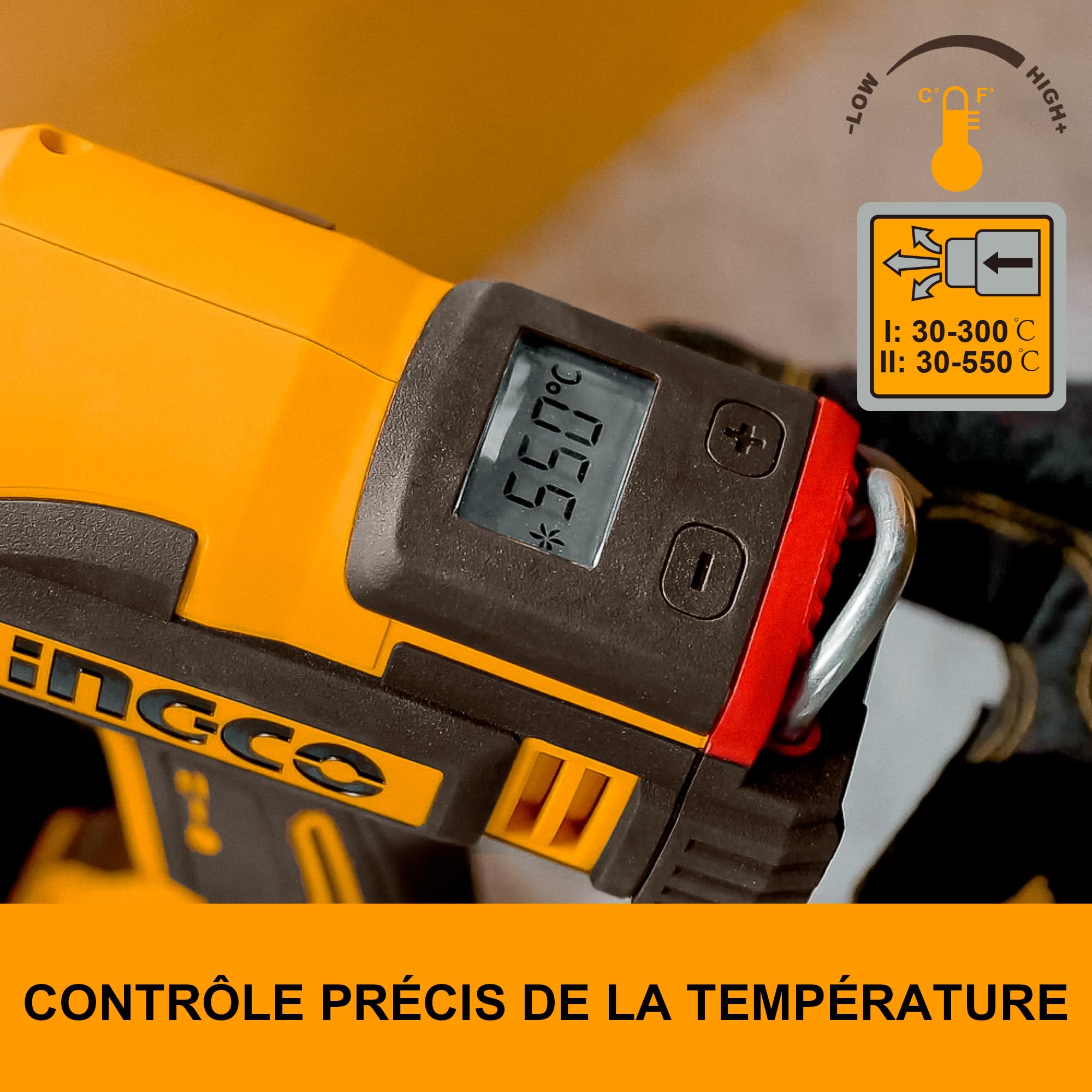 INGCO Pistolet à Air Chaud Sans Fil 20V, Contrôle de Température Variable, 30-550 °C, Affichage Numérique LCD, Decapeur Thermique Portable avec Batterie 5,0 Ah pour Travaux Manuels HGLI20035