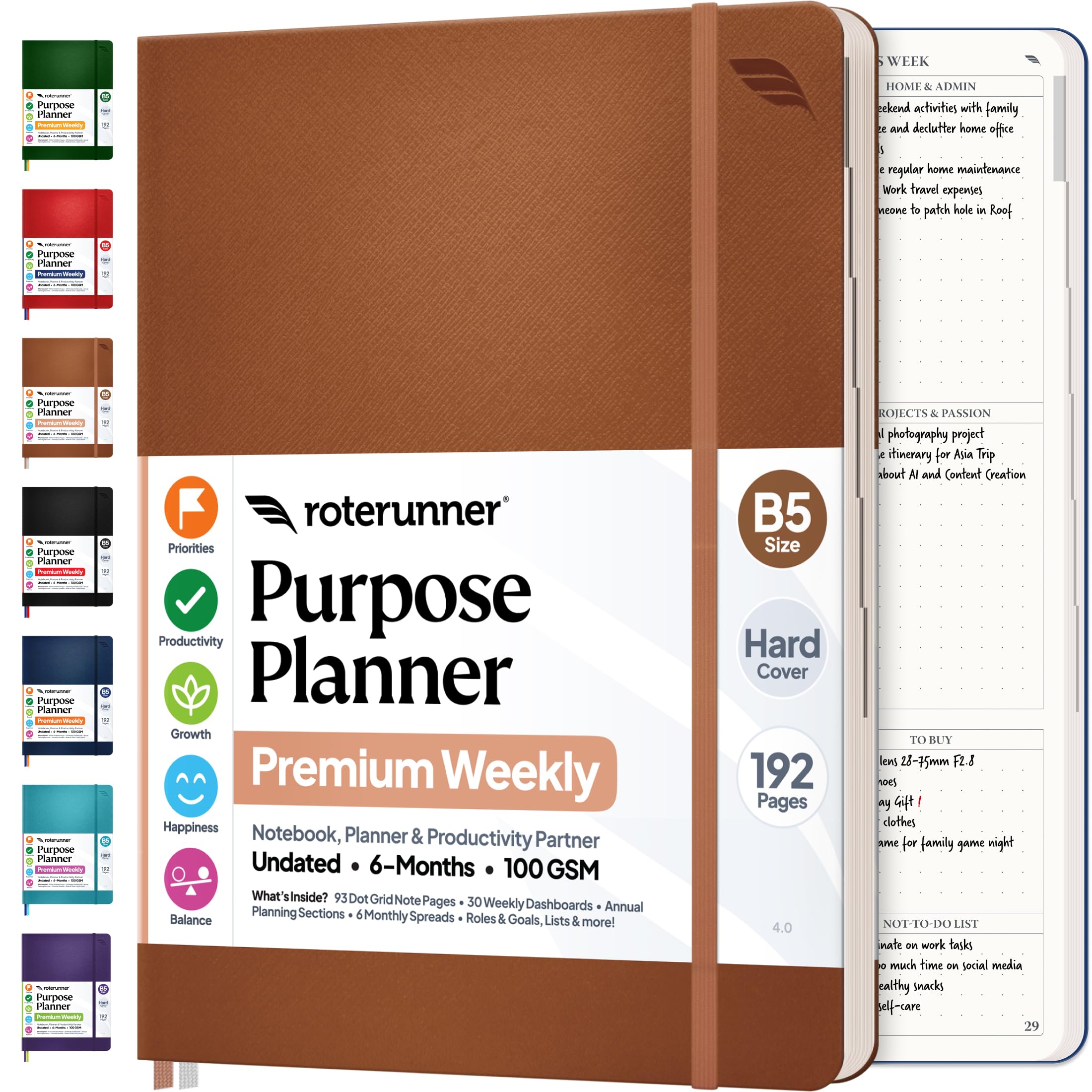 Roterunner Purpose Planner Notebook B5 7.5”x9.8” Undated 2026 Daily Weekly and Monthly Productivity Goal Setting Tool for Work Home ADHD for Adults Self Care Journal