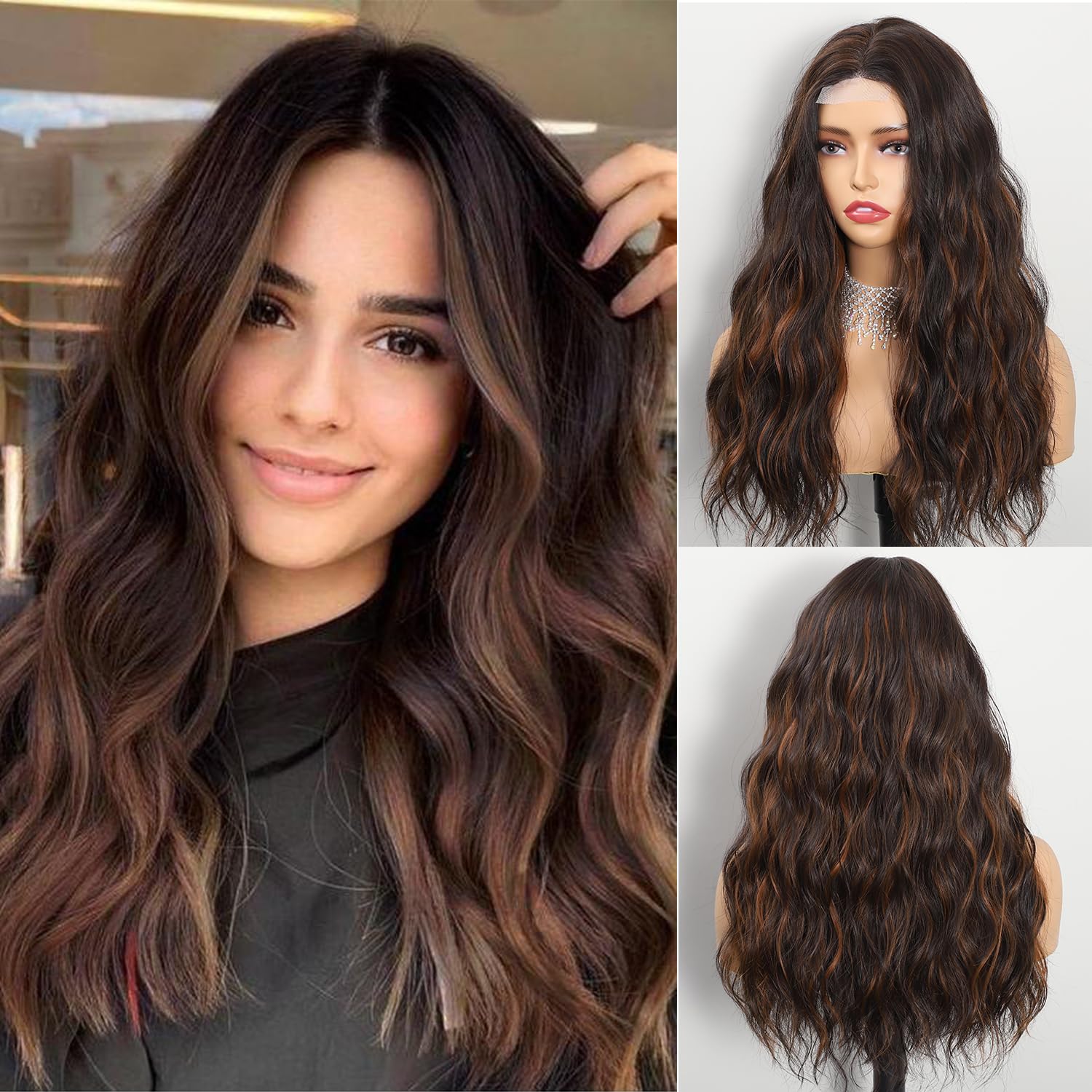 Brown Wigs for Women Wavy Wig with Upgraded Strands Middle Part Shoulder Length Synthetic Wig (Brown Highlight)