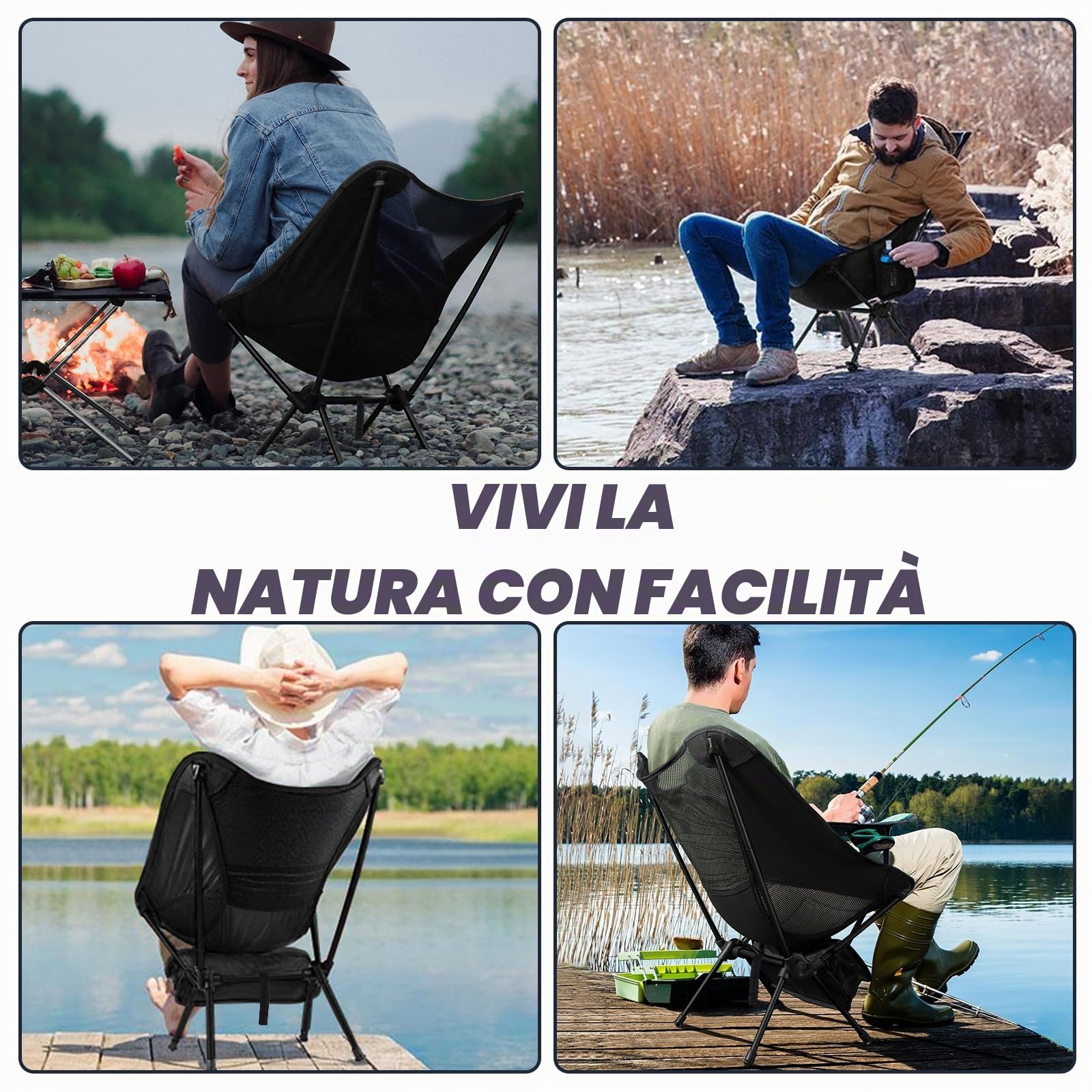Sedia da Campeggio Pieghevole Leggera, Capacità di Carico 110kg, Sedia da Campeggio Portatile con Borsa Portaoggetti, Sedia da Spiaggia Compatta per Picnic, Campeggio, Viaggi, Pesca, Spiaggia