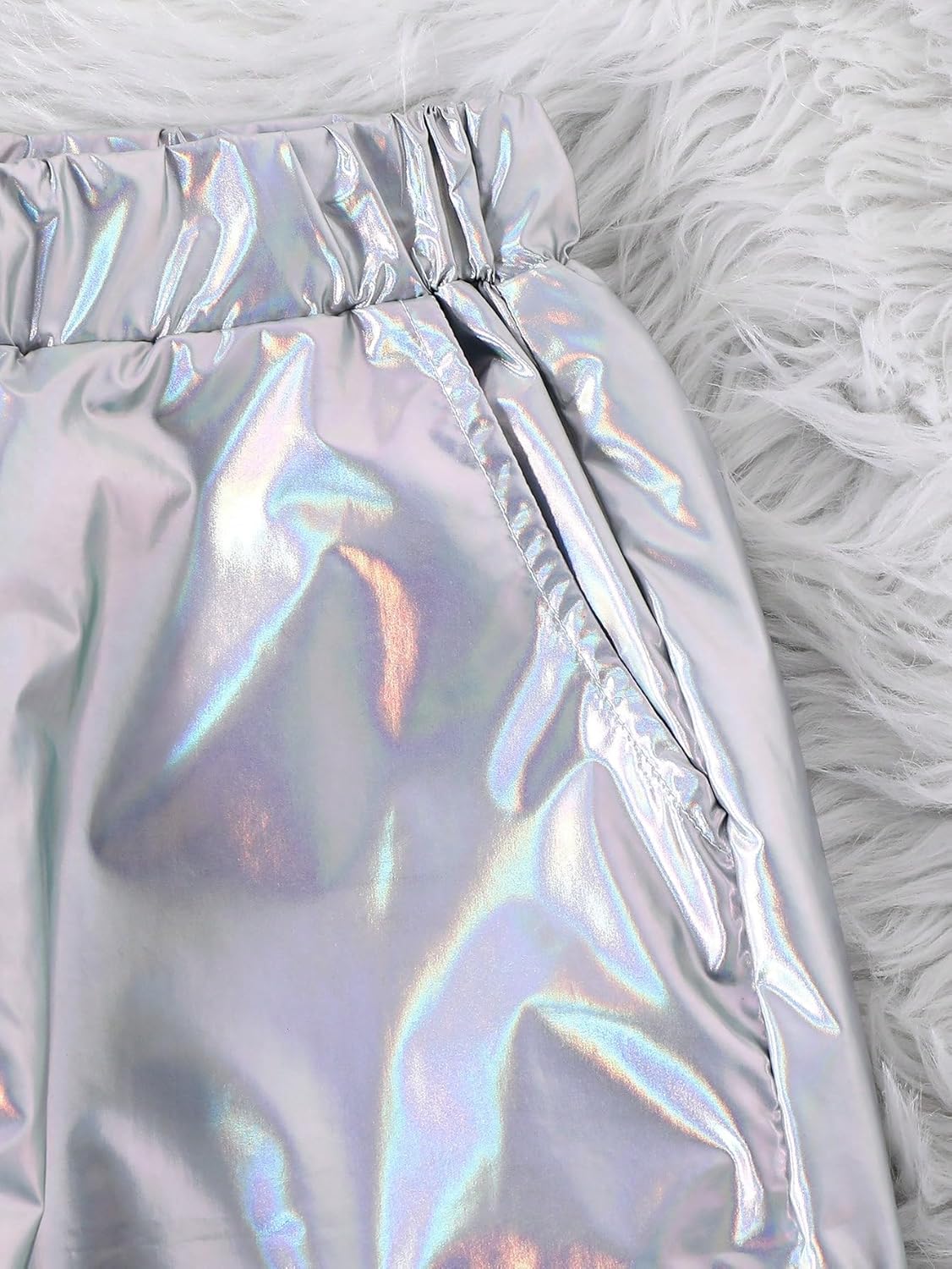 WDIRARA Girl's 2 Piece Holographic Outfit Flap Pocket Zip Up Jacket and Elastic Waist Pants Set