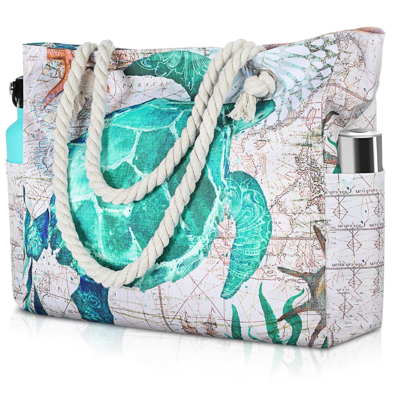 Clothirily Beach Bag for Women - Large Beach Tote Bag, Waterproof Sandproof with Zipper, Large Swim Pool Tote, Turtle