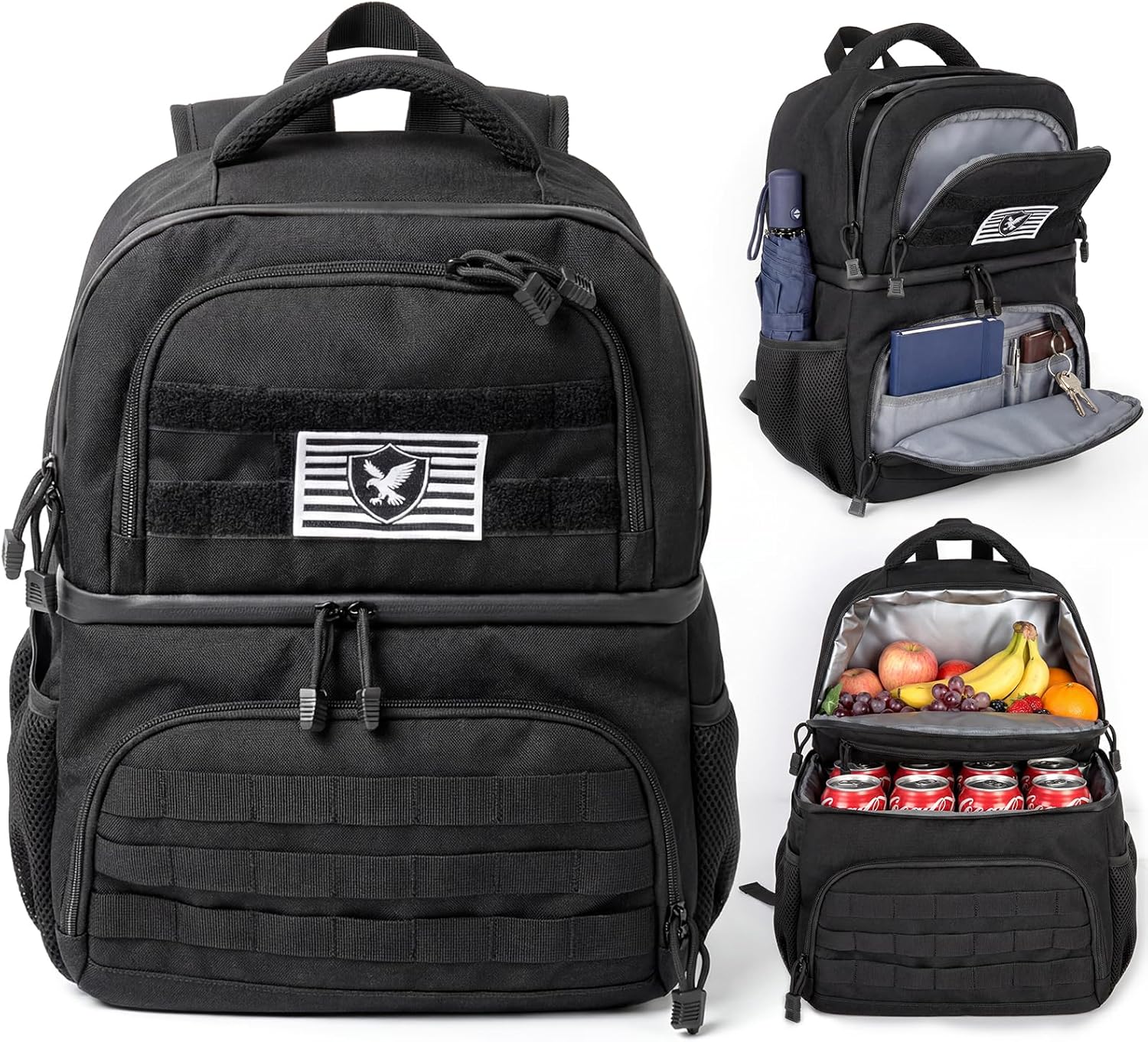 Insulated Lunch Backpack with Cooler, Double-Deck Leakproof Lunch Bag, 16-Can Capacity, RFID Pocket, Molle-Style Organizer, Lightweight for Work, Office, Travel, Hiking (Black)