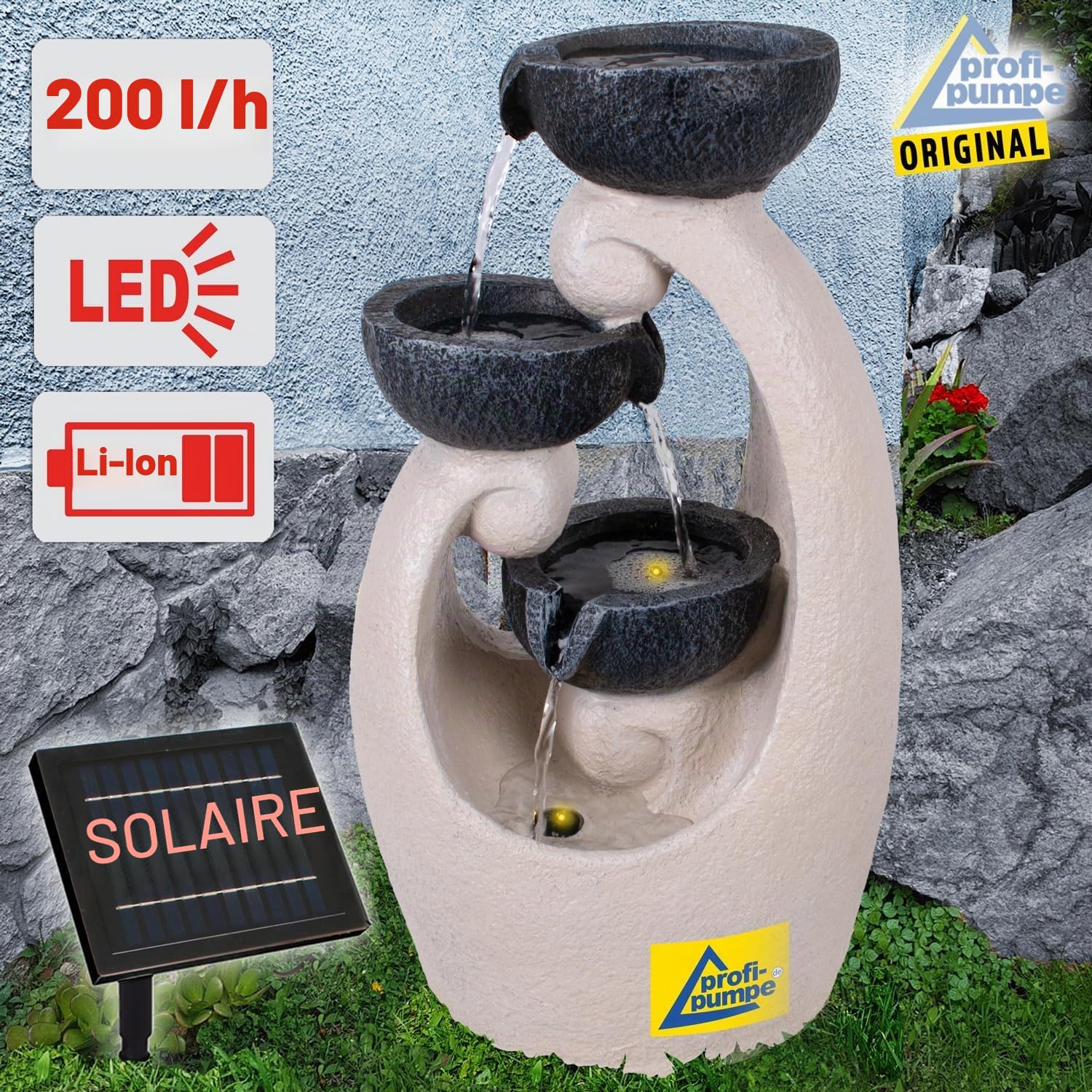 Fontaine Solaire « BAUMSTUMPF & TONKRÜGE-3 » avec Batterie Li-ION et éclairage LED (Fontaine Solaire Harmonie Source)