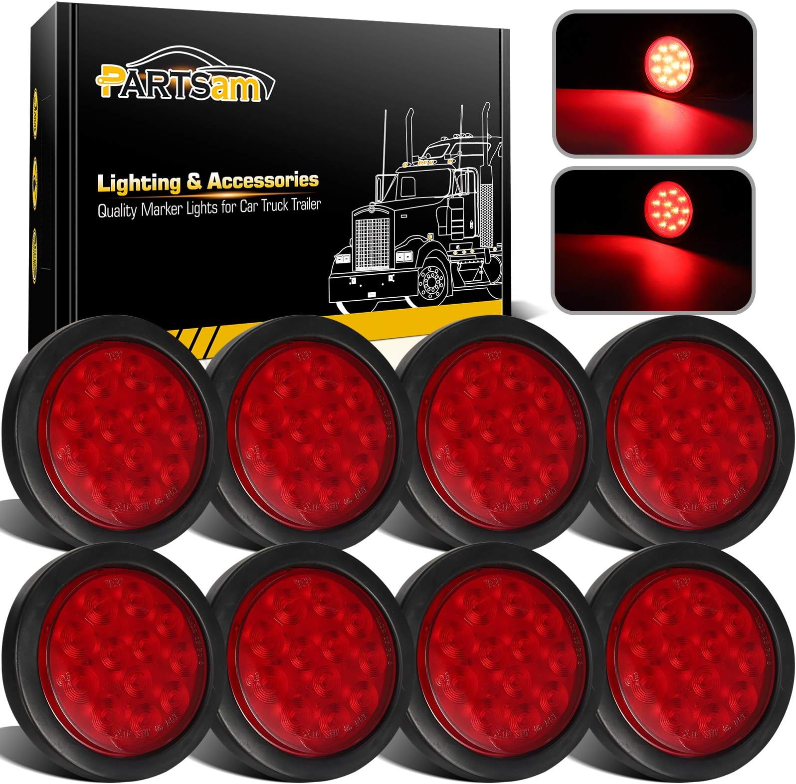8Pcs 4" Round Red LED Trailer Tail Light, 4 Inch Round Led Stop Turn Tail Lights Brake Brake Trailer Lights for RV Trucks, Rubber Grommets and 3-Prong Wire Pigtails Included