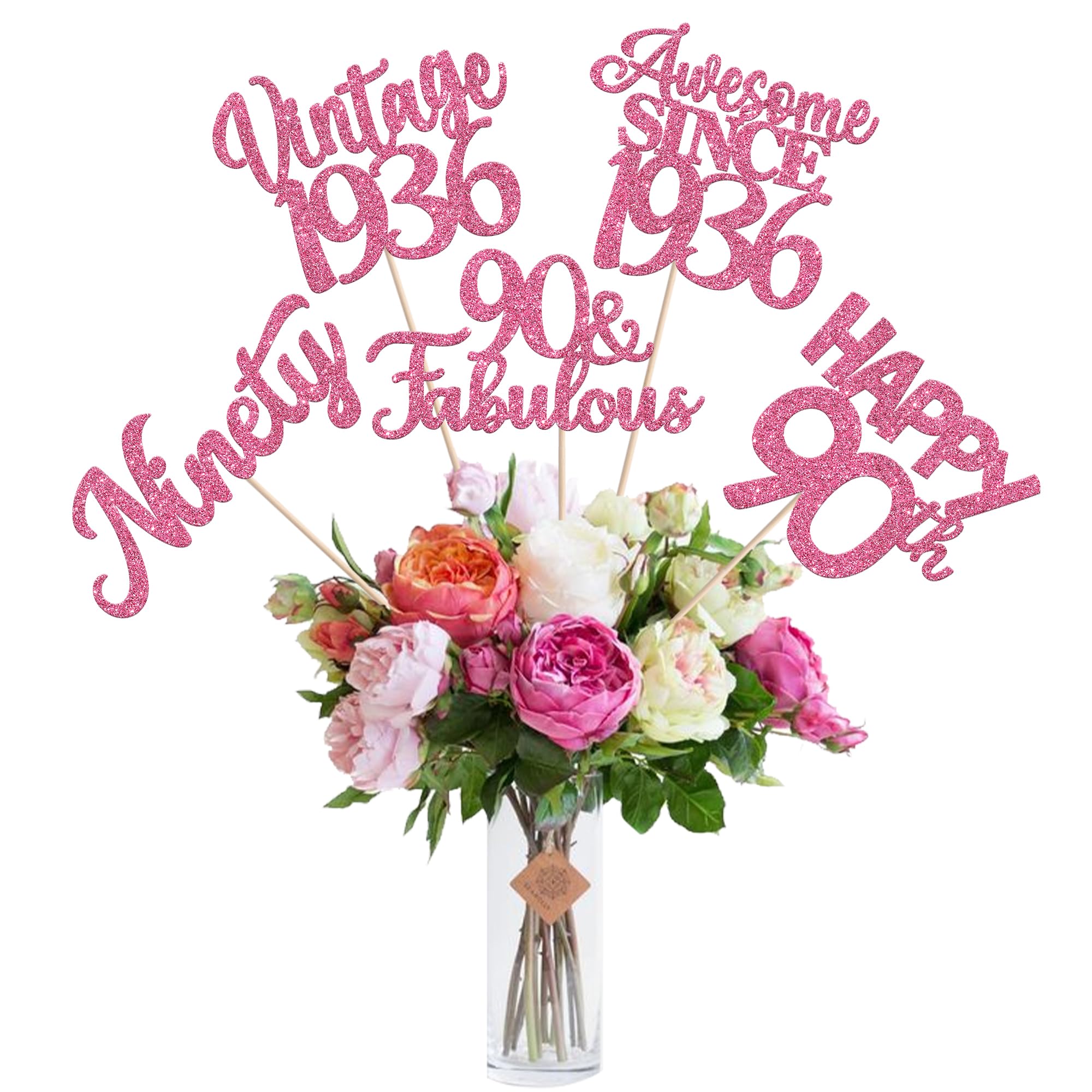 15 PCS 90th Birthday Centerpiece Sticks Ninety Happy 90 Vintage 1936 Table Flower Centerpieces Sticks Cheers to 90 Fabulous Floral Decorations for 90th Birthday Party Supplies Pink