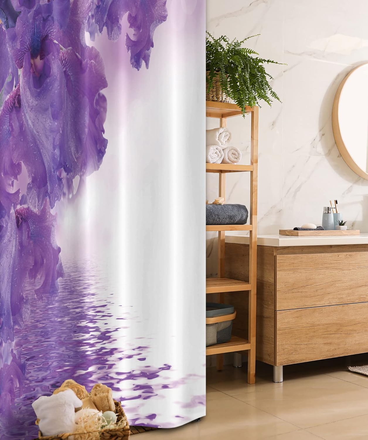 Ambesonne Flower Stall Shower Curtain, Iris Flowers Petals Against The Water River Nature Image, Fabric Bathroom Decor Set with Hooks, 36" W x 72" L, Violet White