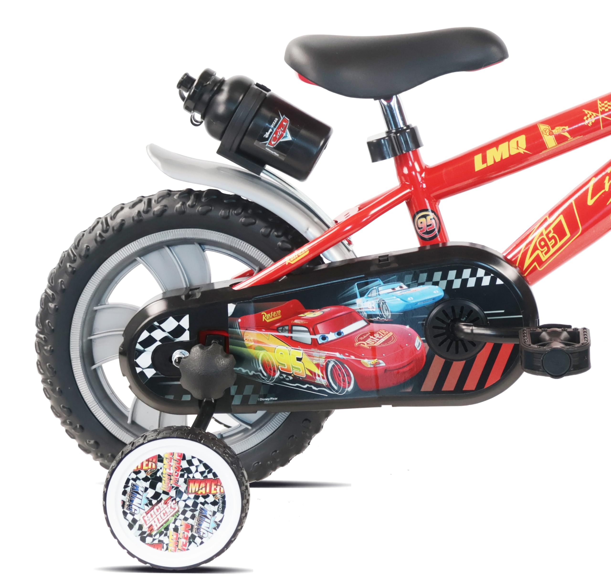 Vélo 12" Cars de Disney - 1 Frein - Pignon Fixe - Pneus Increvables EVA - Roues Bâtons - Plaque Avant décorative - 2 Stabilisateurs - Garde Boue - Carter de Protection - Porte Bidon et Bidon arrière