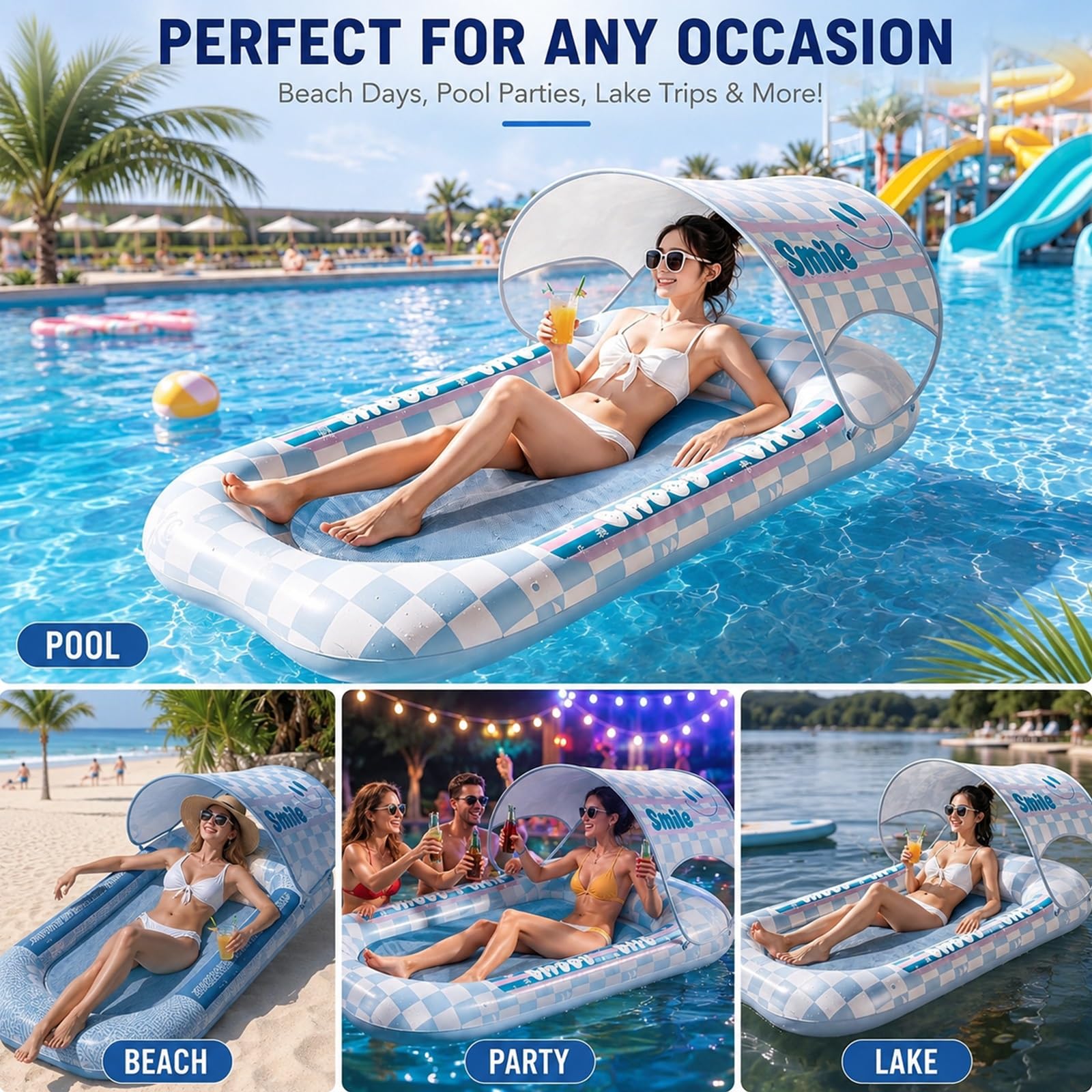 Amaca Gonfiabile, Sdraio Galleggiante con Porta Bicchieri, Zattera Gonfiabile Portatile per Piscina, Spiaggia, Lago e Attività Acquatiche All'aperto