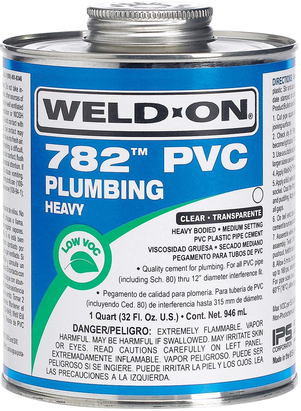 Weld-On 14016 782 PVC Heavy-Bodied High Strength Plumbing Solvent Cement - Medium-Setting and Low-VOC, Clear, 1 Quart (32 fl oz)