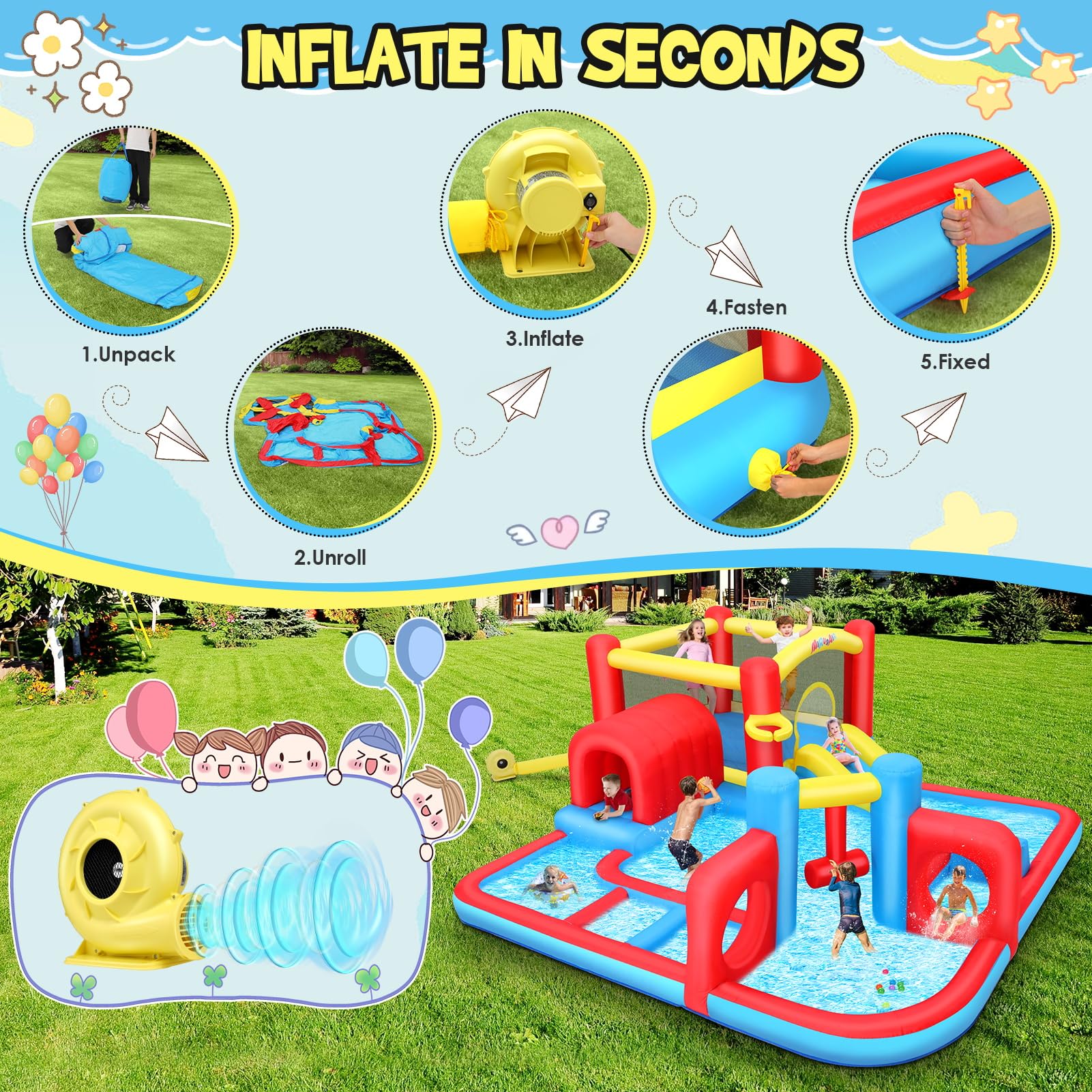 Whubefy - Campo de obstáculos inflable para casa de rebote para niños, patio trasero, parque acuático con piscina grande de 15 x 15 pies, martillo para riego, túnel de juego, anillo doble y desafío de
