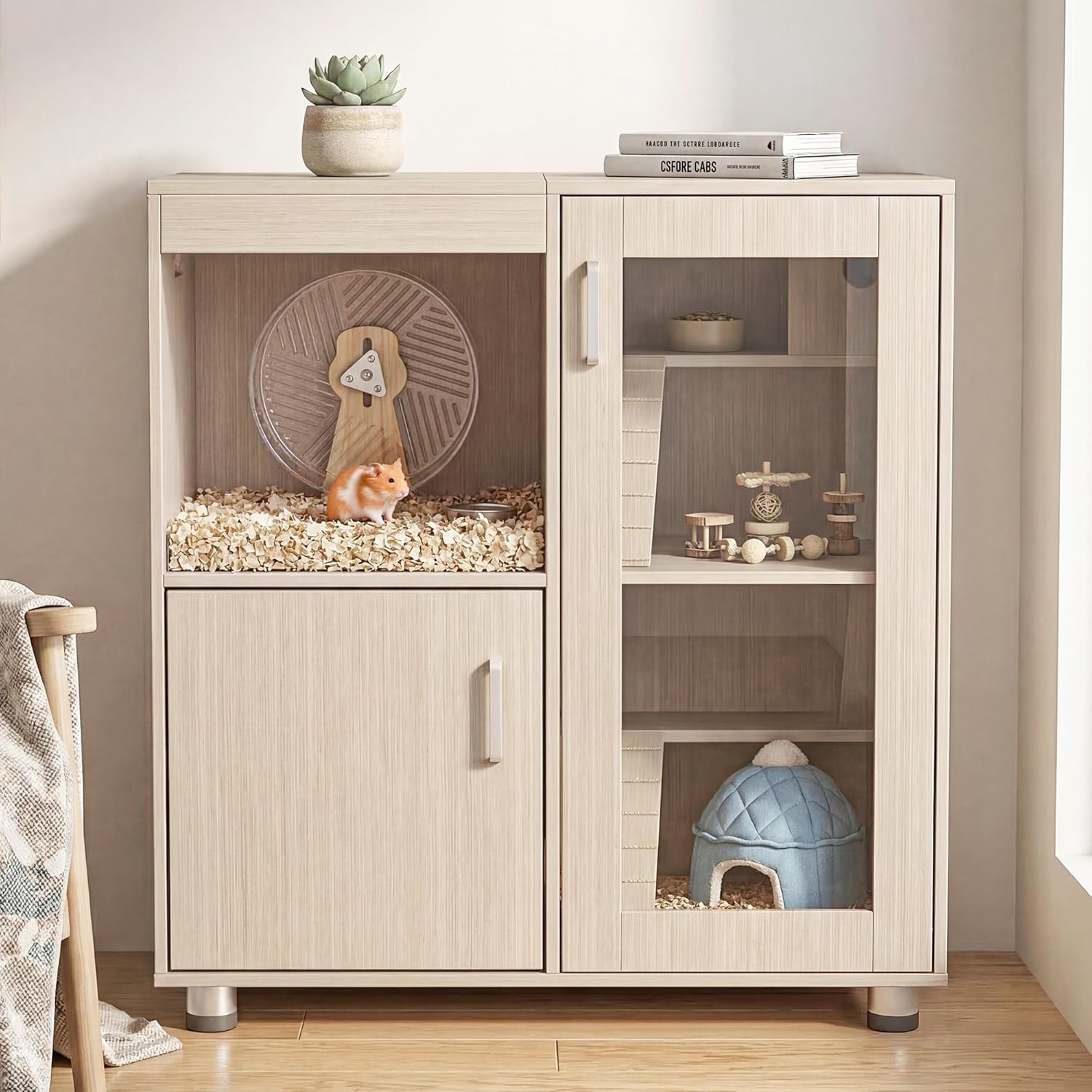 4-Tier Hamster Cage with Storage Cabinet, Wooden Small Animal Habitat for Rats, Gerbils and Mice, Multi-Level Play Area with Acrylic Windows & Openable Top, Furniture Style Rat House