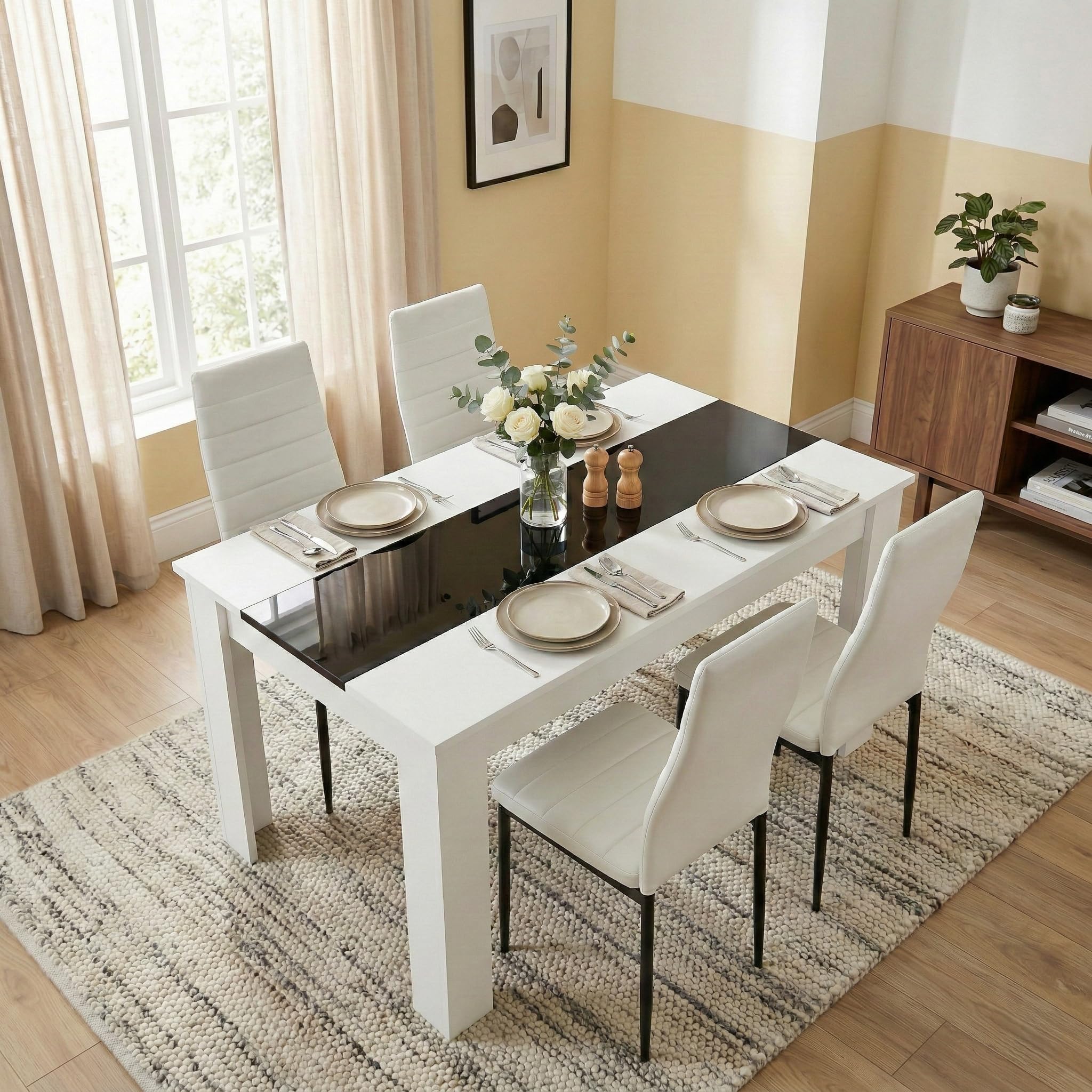 Blisswood Dining Table and 4 Chair Set, PU Leather Chairs, 17mm Thick Table Tabletop 120x80cm, kitchen table, Modern Design Wooden dining Table Set for Home furniture (White & Black, White Chair)