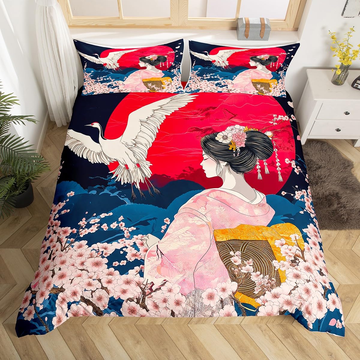 Japanese Style Duvet Cover King Size,Geisha Girl Girly Pink Comforter Cover with 2 Pillowcases,Cherry Blossom Bedding Set 3pcs for Kids Bedroom Decor,Ukiyoe Style Quilt Cover,Not Comforter