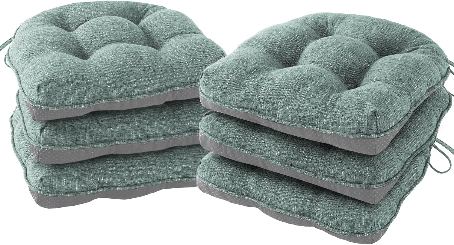 Chair Cushions for Dining Chairs Set of 6, Kitchen Chair Cushions, Chair Pads with Ties and Non Slip Backing, Tufted Memory Foam Seat Cushion 6 Pack, 15.5" x 15.5" x 4", Sage Green Sage Green 6 Pack (15.5x15.5)